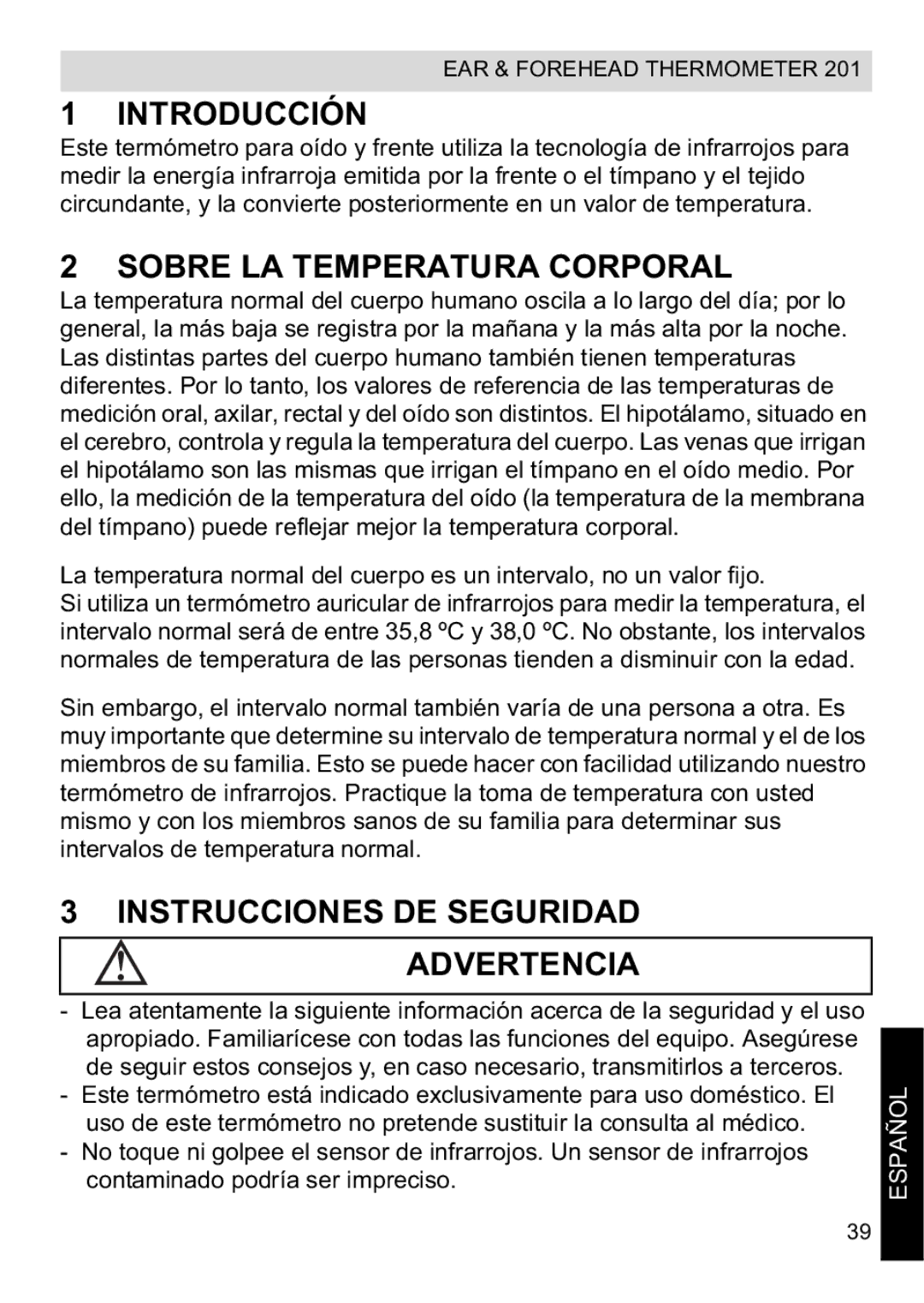 Topcom CE0123 Introducción, Sobre LA Temperatura Corporal, Instrucciones DE Seguridad Advertencia, Español 