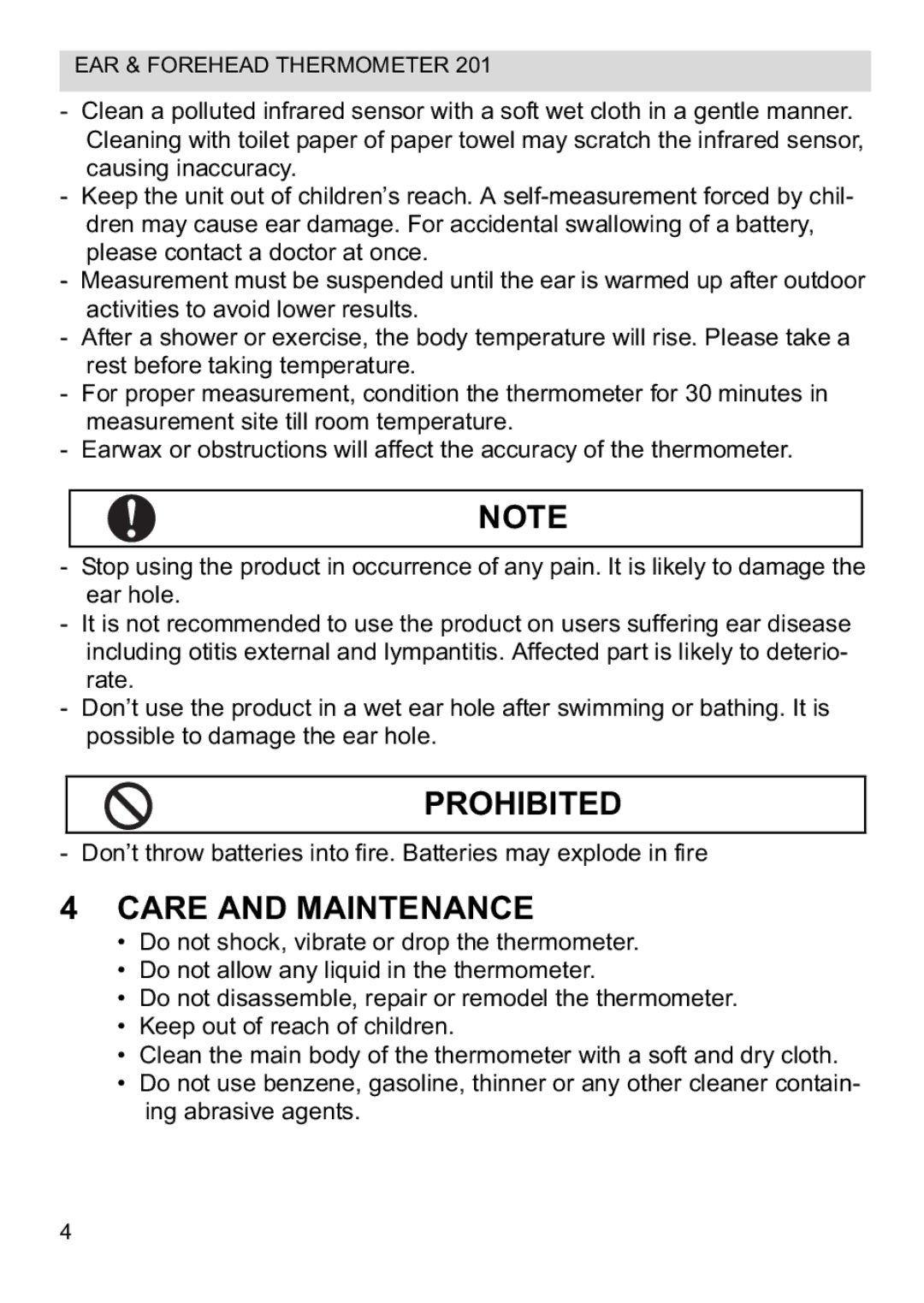 Topcom CE0123 manual do utilizador Prohibited, Care and Maintenance 