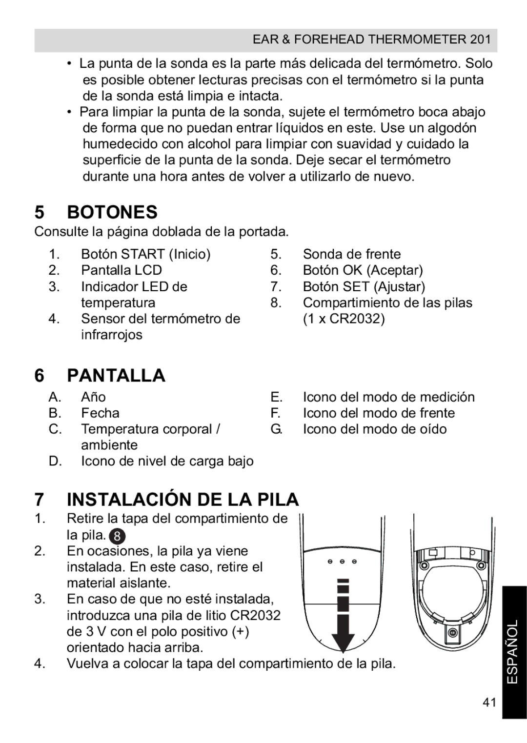 Topcom CE0123 manual do utilizador Botones, Pantalla, Instalación DE LA Pila 