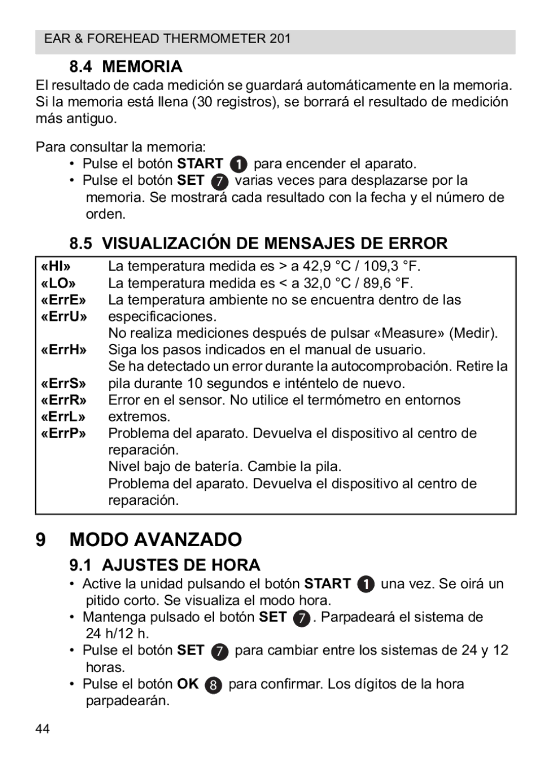 Topcom CE0123 manual do utilizador Modo Avanzado, Memoria, Visualización DE Mensajes DE Error, Ajustes DE Hora 