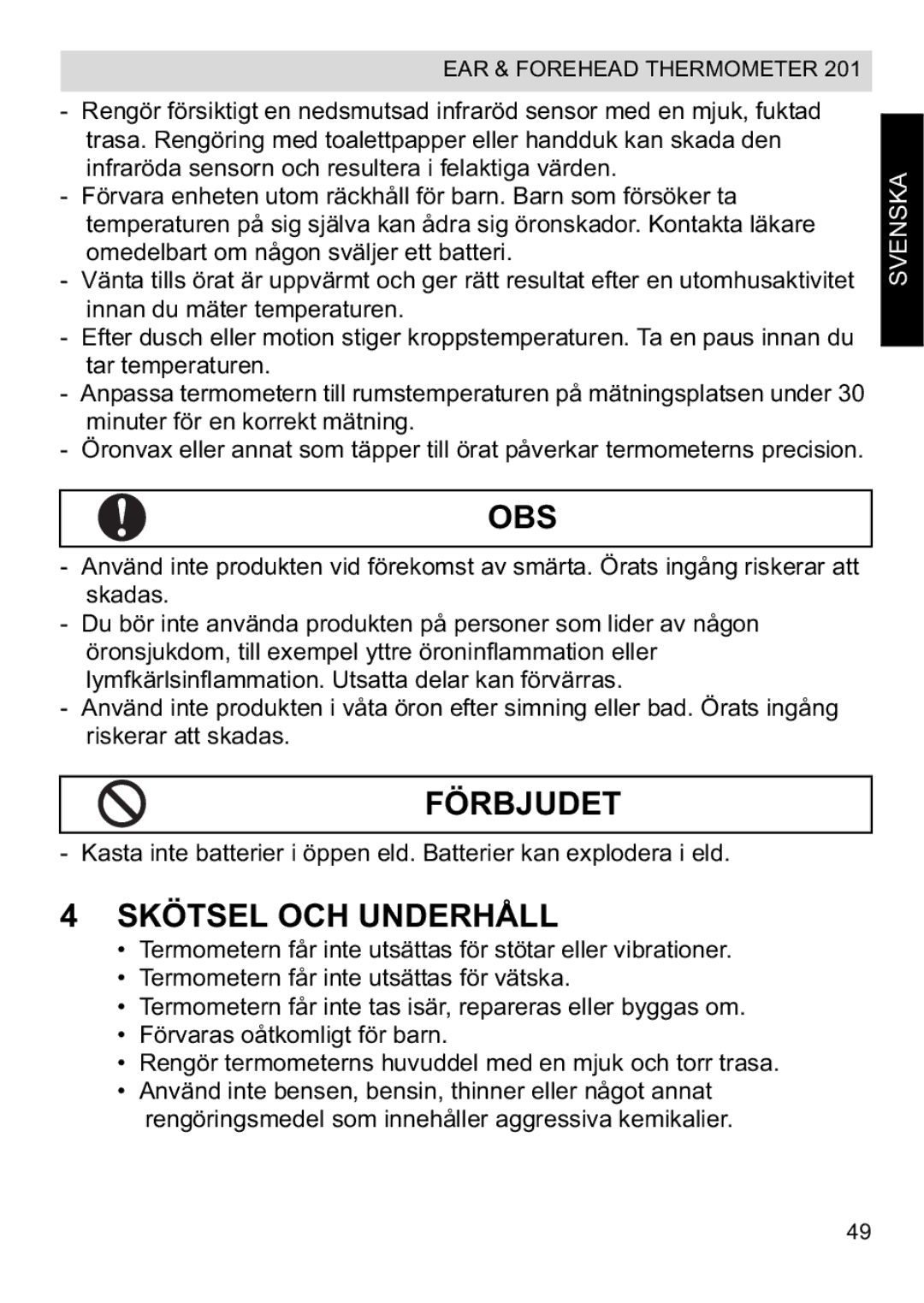 Topcom CE0123 manual do utilizador Obs, Förbjudet, Skötsel OCH Underhåll, Svenska 