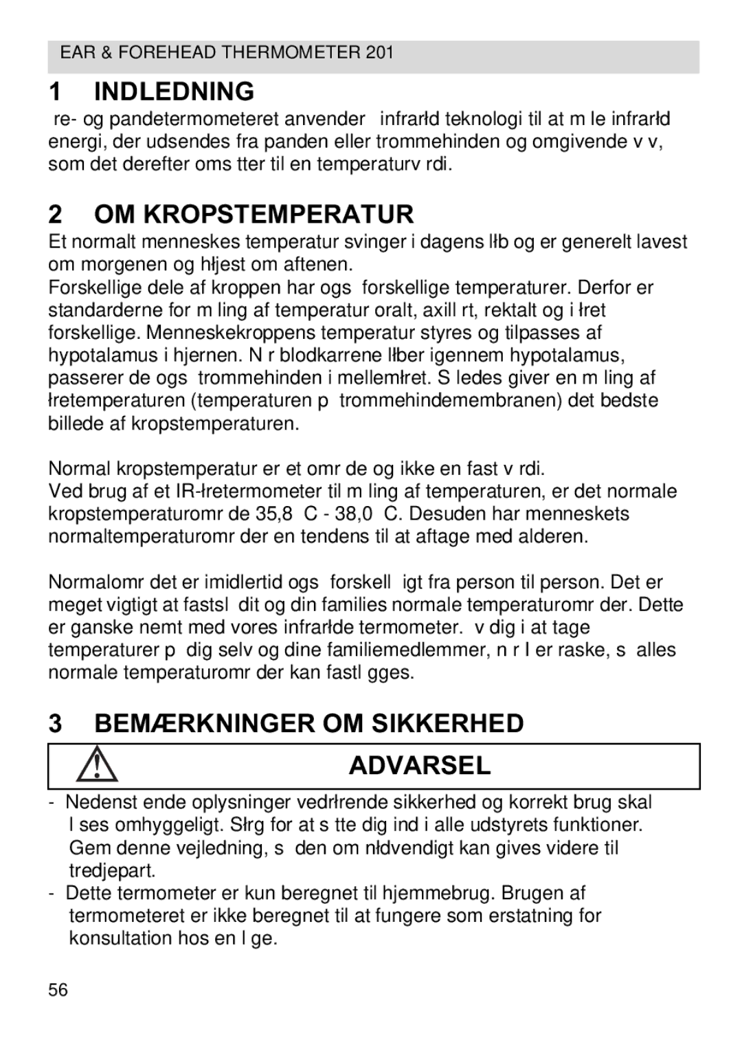 Topcom CE0123 manual do utilizador Indledning, OM Kropstemperatur, Bemærkninger OM Sikkerhed 