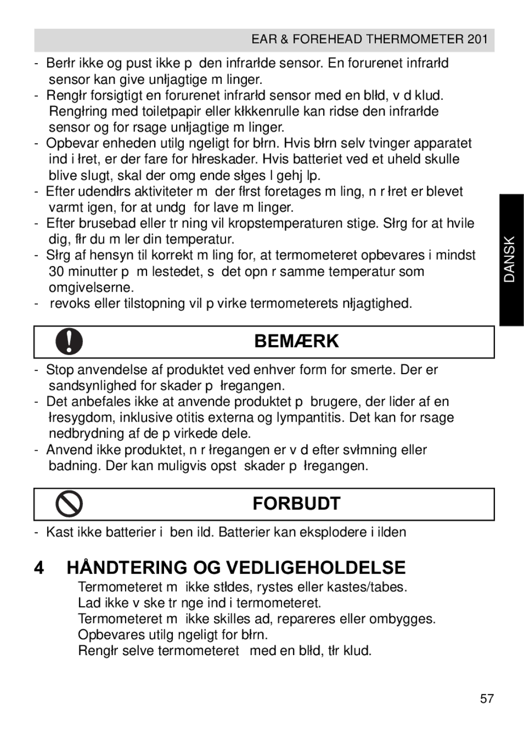 Topcom CE0123 manual do utilizador Bemærk, Forbudt, Håndtering OG Vedligeholdelse, Dansk 