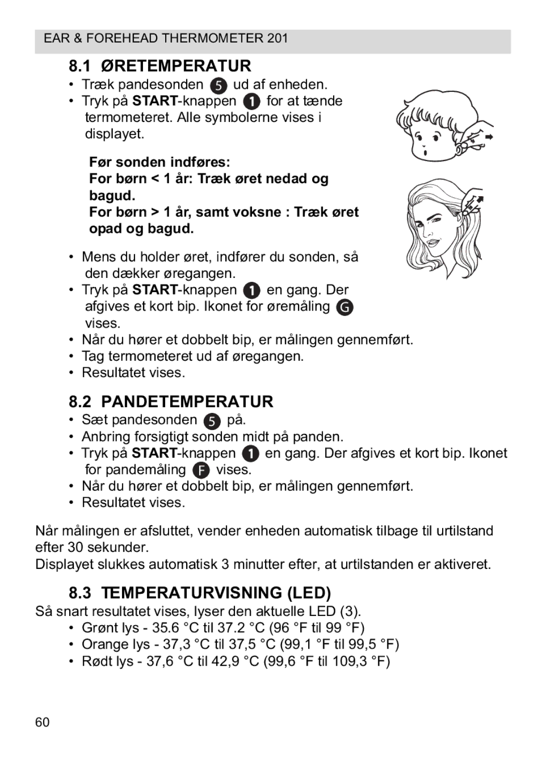 Topcom CE0123 manual do utilizador Øretemperatur, Pandetemperatur, Temperaturvisning LED 