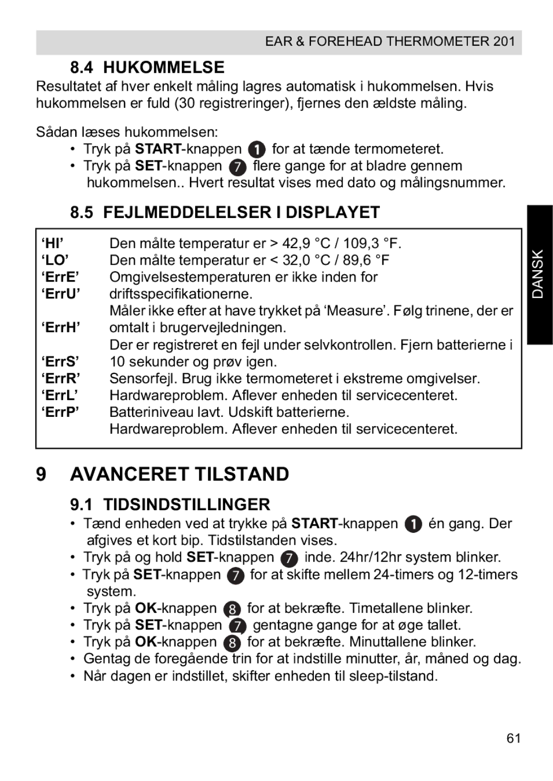 Topcom CE0123 manual do utilizador Avanceret Tilstand, Hukommelse, Fejlmeddelelser I Displayet, Tidsindstillinger 