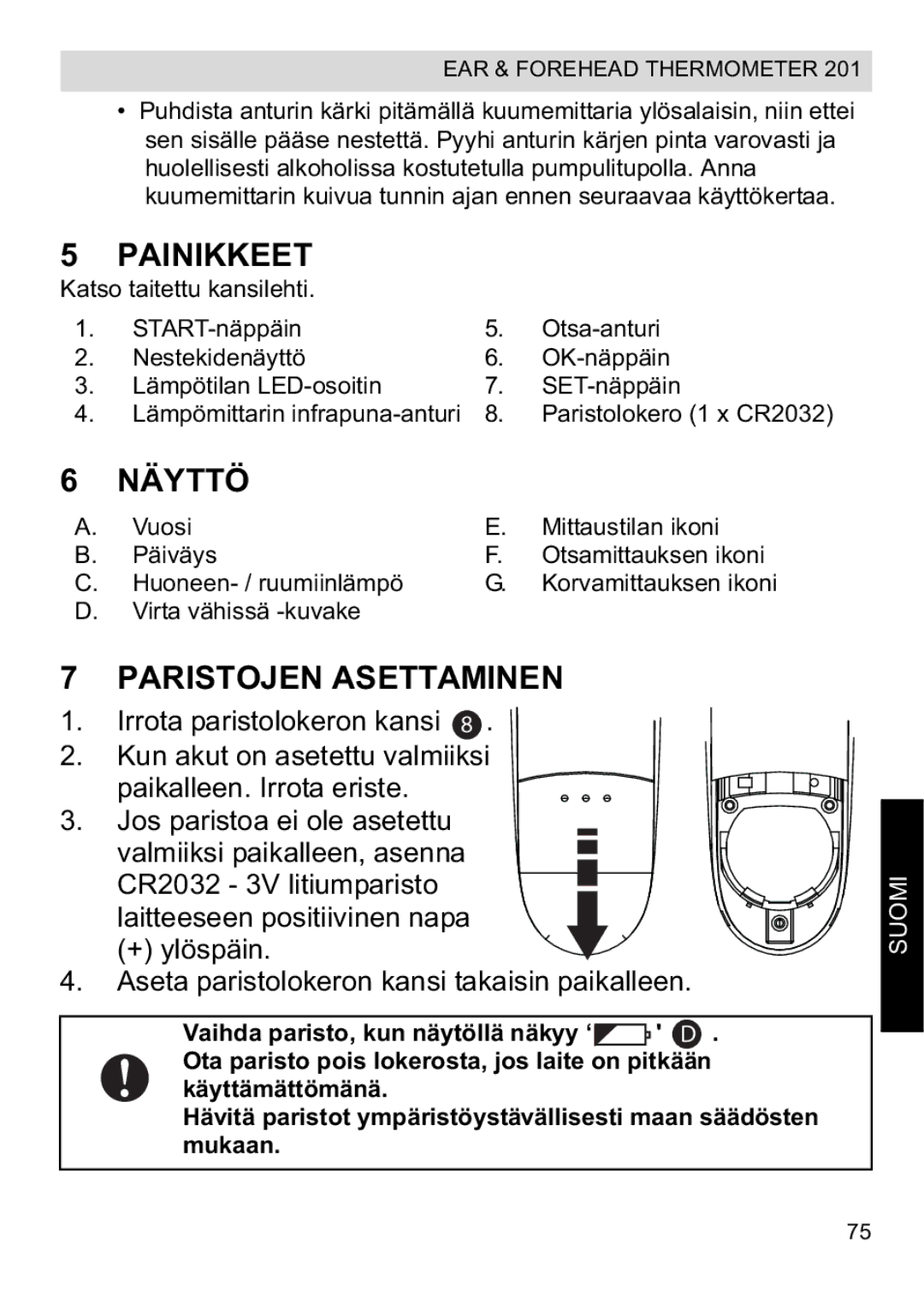 Topcom CE0123 manual do utilizador Painikkeet, Näyttö, Paristojen Asettaminen 