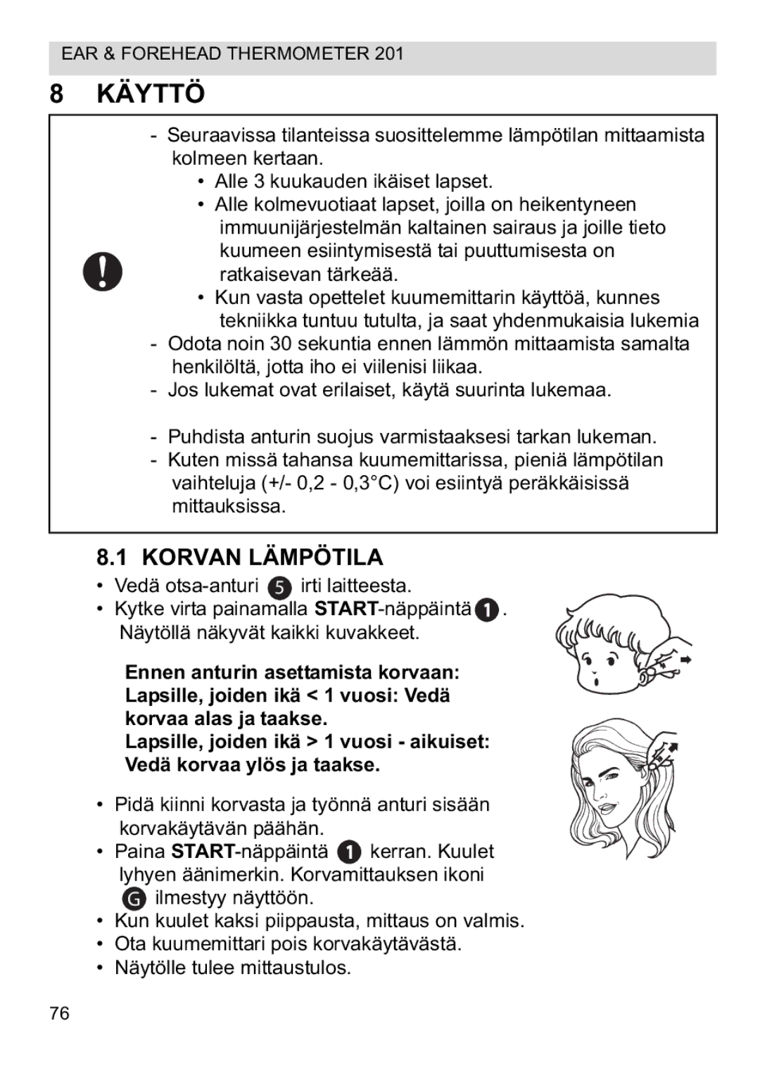 Topcom CE0123 manual do utilizador Käyttö, Korvan Lämpötila 