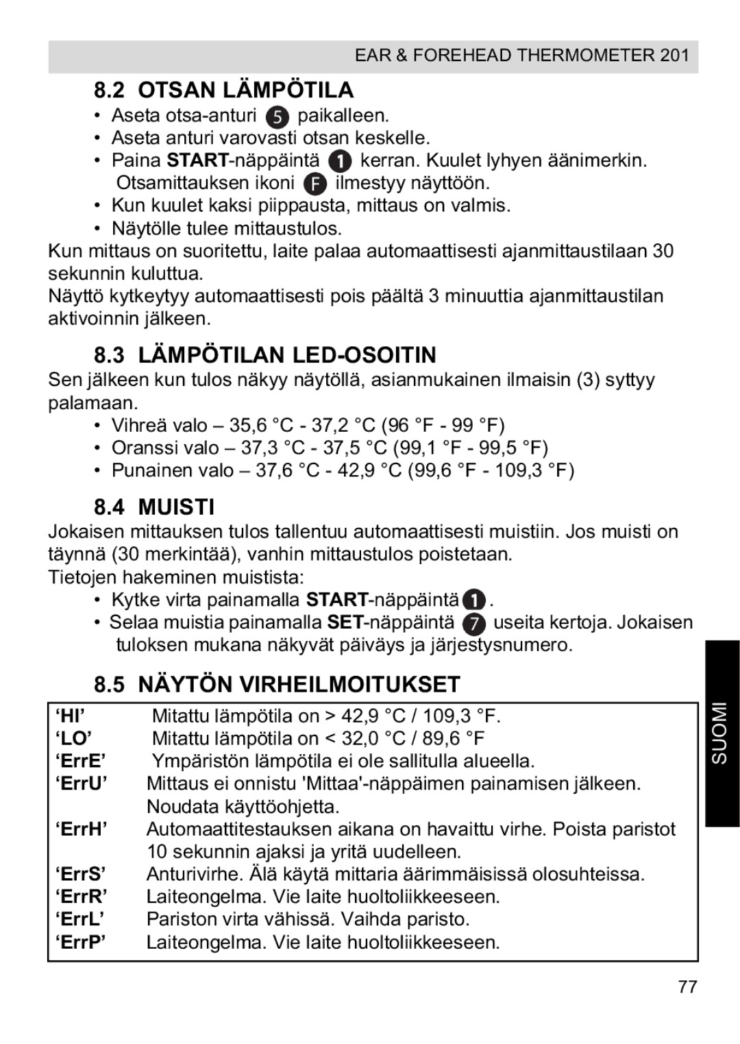 Topcom CE0123 manual do utilizador Otsan Lämpötila, Lämpötilan LED-OSOITIN, Muisti, Näytön Virheilmoitukset 