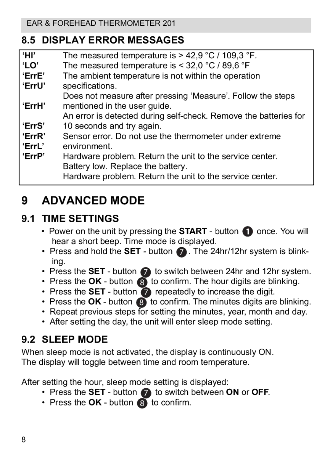 Topcom CE0123 manual do utilizador Advanced Mode, Display Error Messages, Time Settings, Sleep Mode 