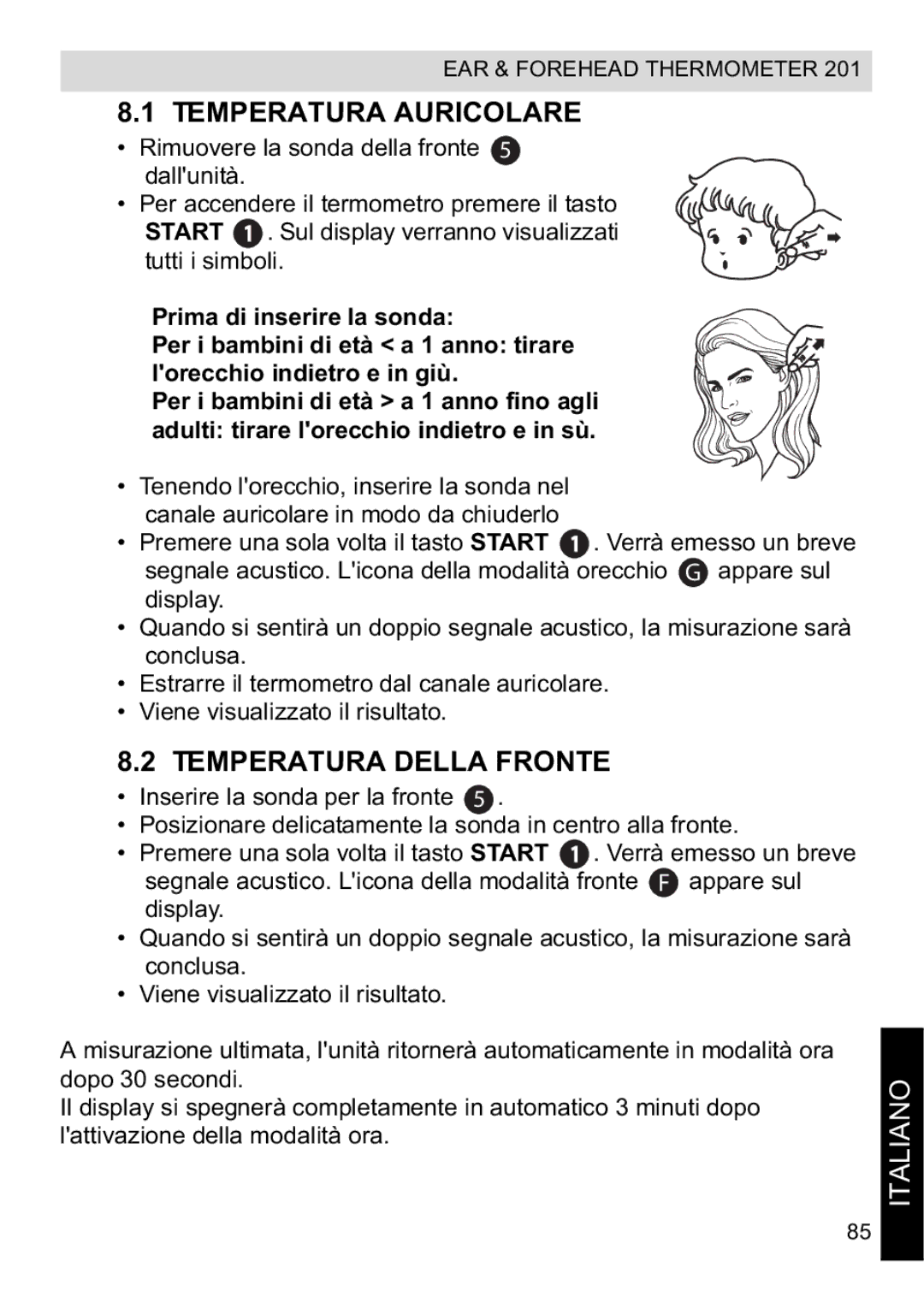 Topcom CE0123 manual do utilizador Temperatura Auricolare, Temperatura Della Fronte 