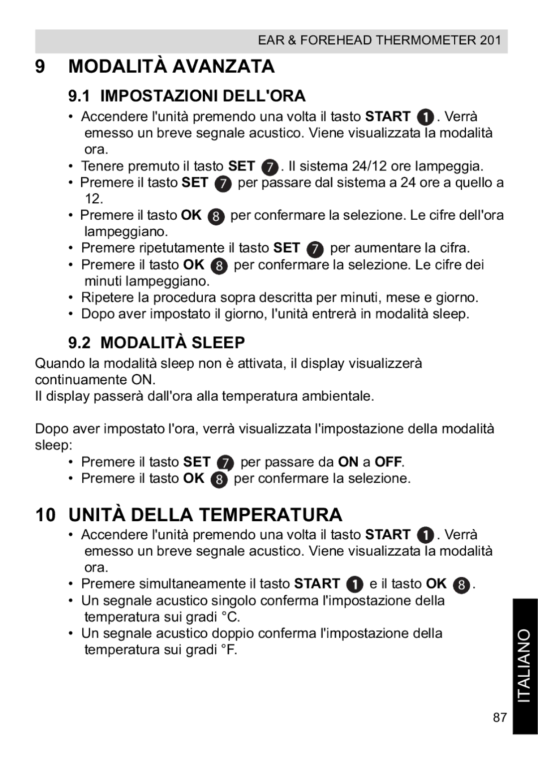 Topcom CE0123 manual do utilizador Modalità Avanzata, Unità Della Temperatura, Impostazioni Dellora, Modalità Sleep 