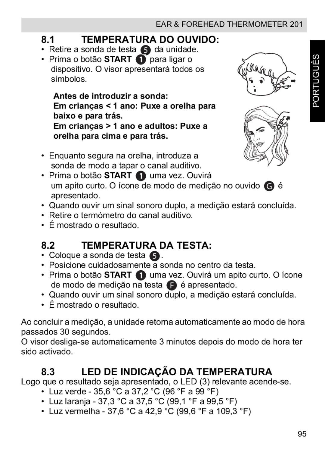 Topcom CE0123 manual do utilizador Temperatura do Ouvido, Temperatura DA Testa, LED DE Indicação DA Temperatura 