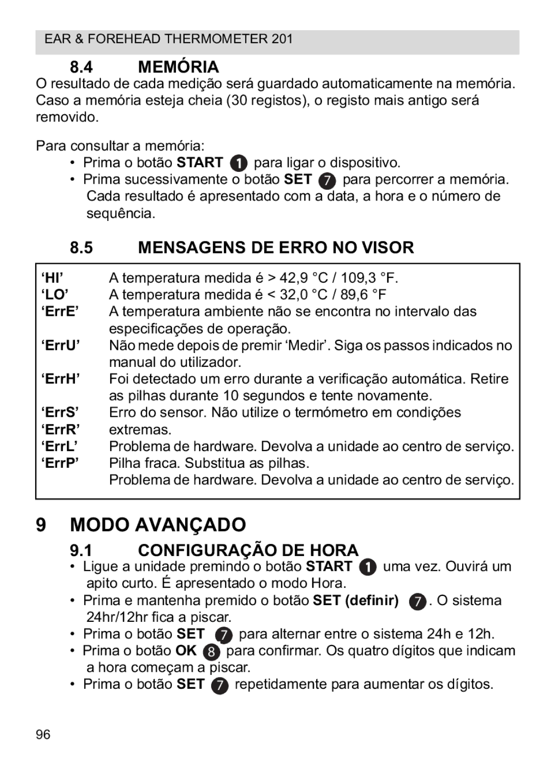 Topcom CE0123 manual do utilizador Modo Avançado, Memória, Mensagens DE Erro no Visor, Configuração DE Hora 