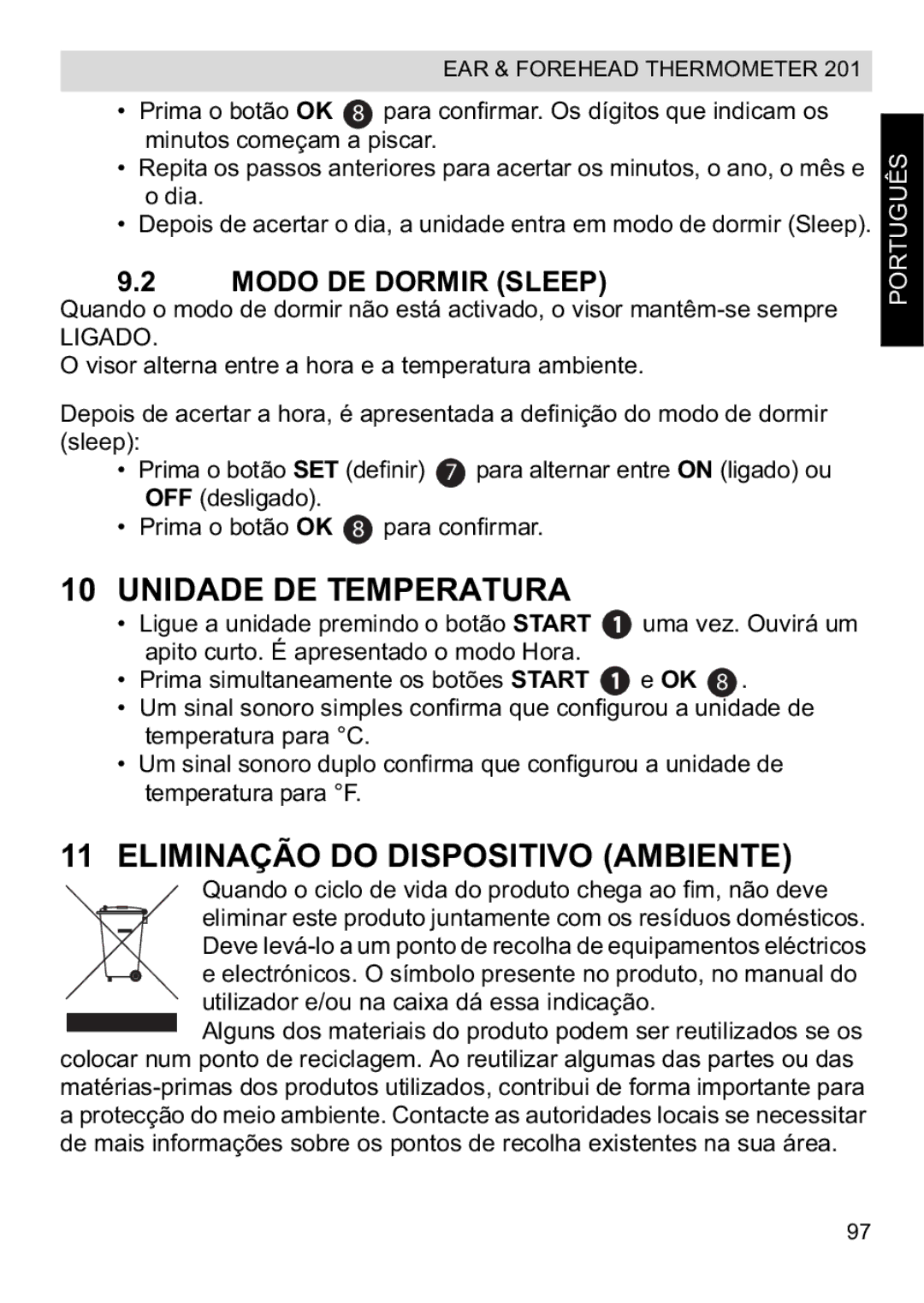 Topcom CE0123 manual do utilizador Unidade DE Temperatura, Eliminação do Dispositivo Ambiente, Modo DE Dormir Sleep 