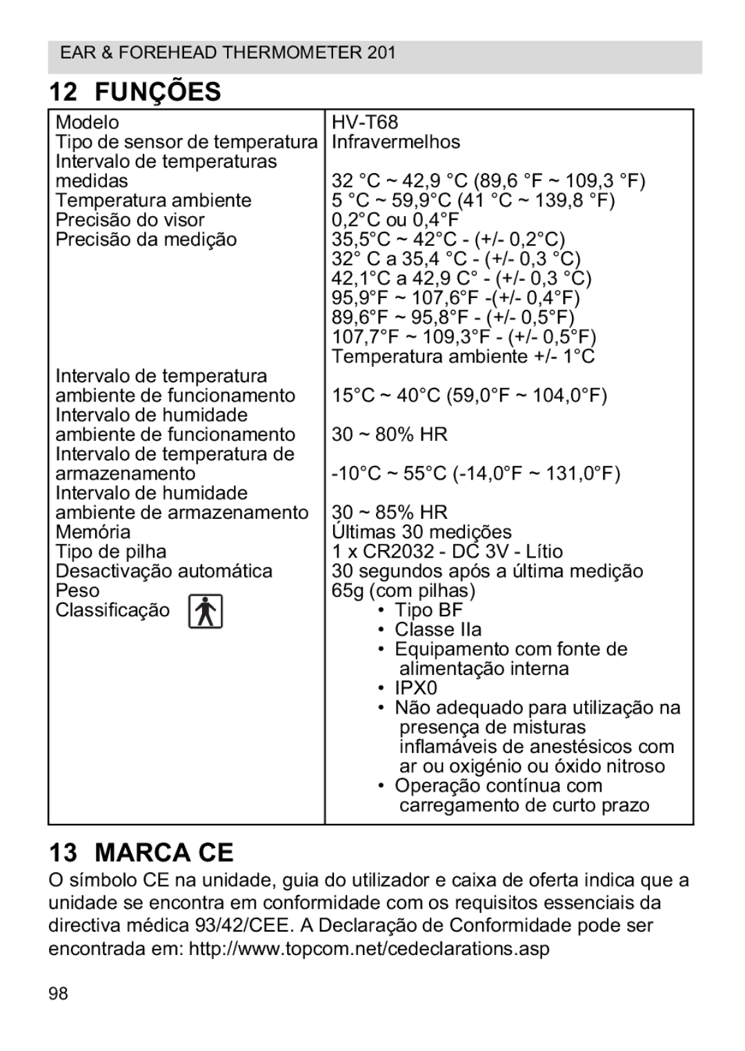 Topcom CE0123 manual do utilizador 12 Funções, Marca CE 