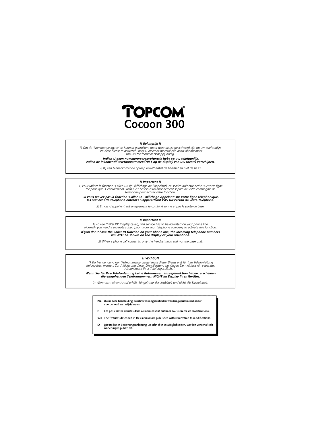 Topcom COCOON 300 manual Cocoon 