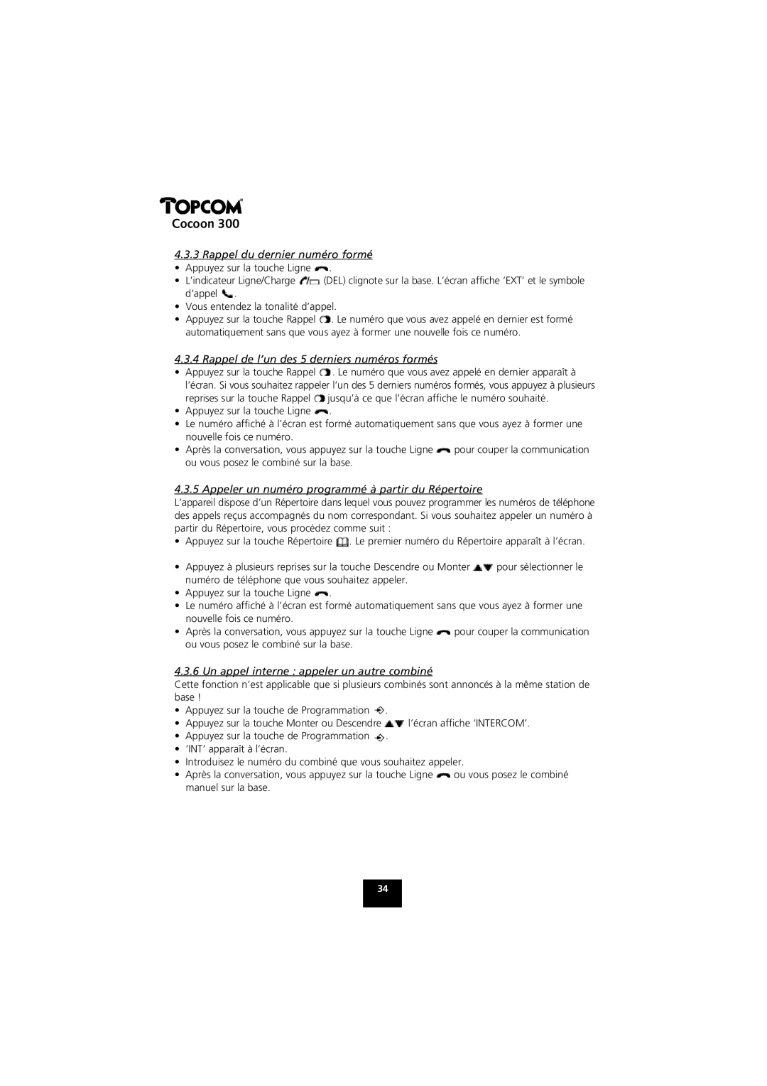 Topcom COCOON 300 manual Rappel du dernier numéro formé, Rappel de l’un des 5 derniers numéros formés 