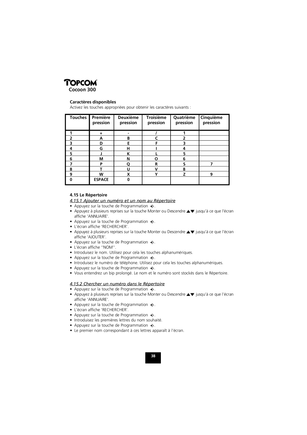 Topcom COCOON 300 manual Caractères disponibles, Touches Première Deuxième Troisième Quatrième Cinquième, Le Répertoire 