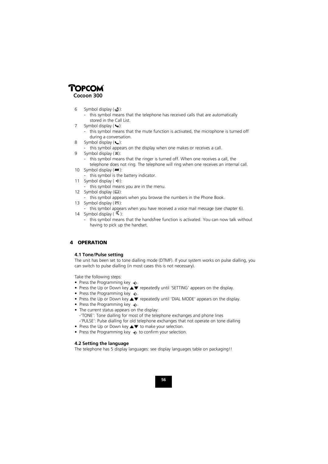 Topcom COCOON 300 manual Operation, Tone/Pulse setting, Setting the language 