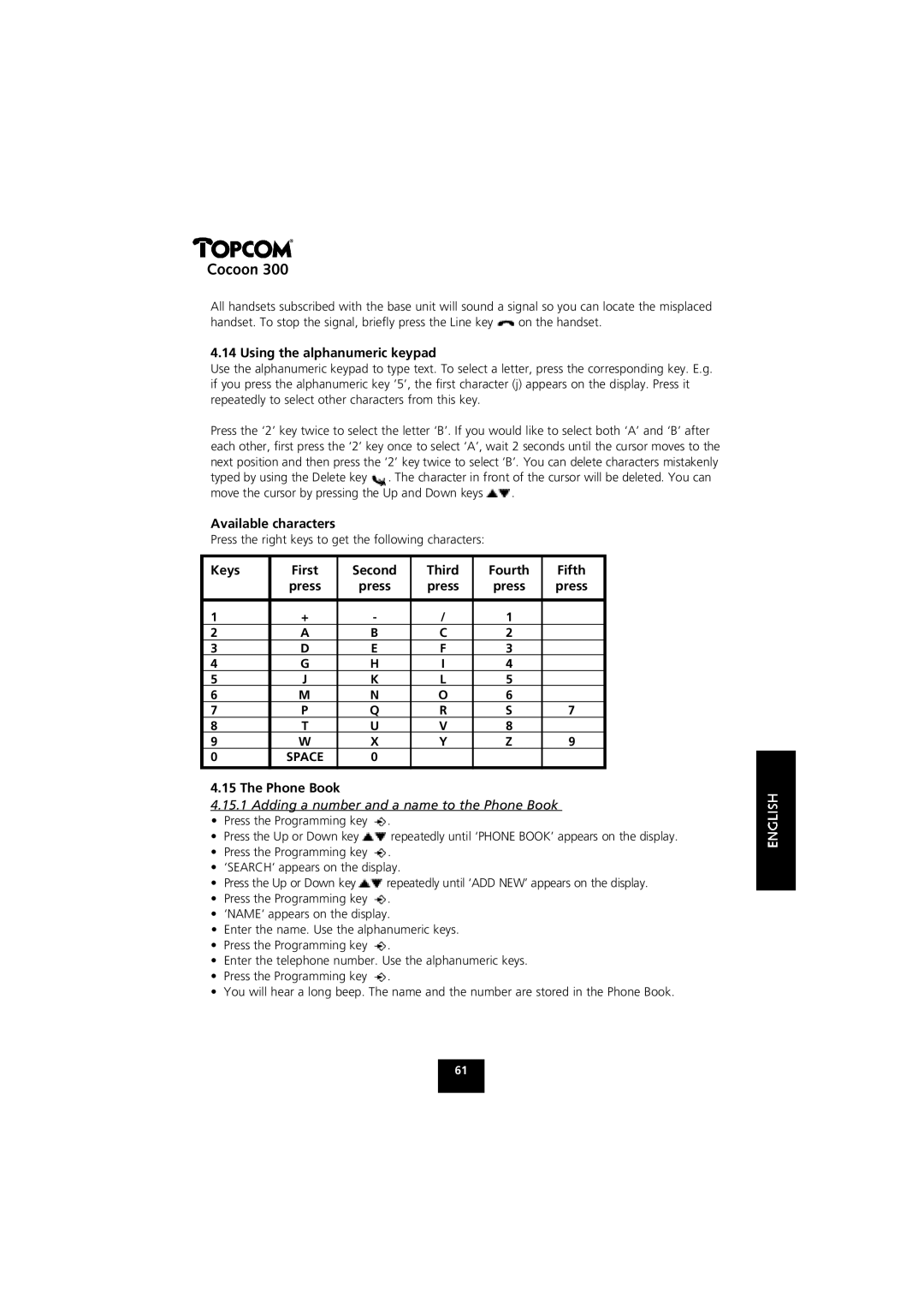 Topcom COCOON 300 Using the alphanumeric keypad, Available characters, Keys First Second Third Fourth Fifth, Phone Book 