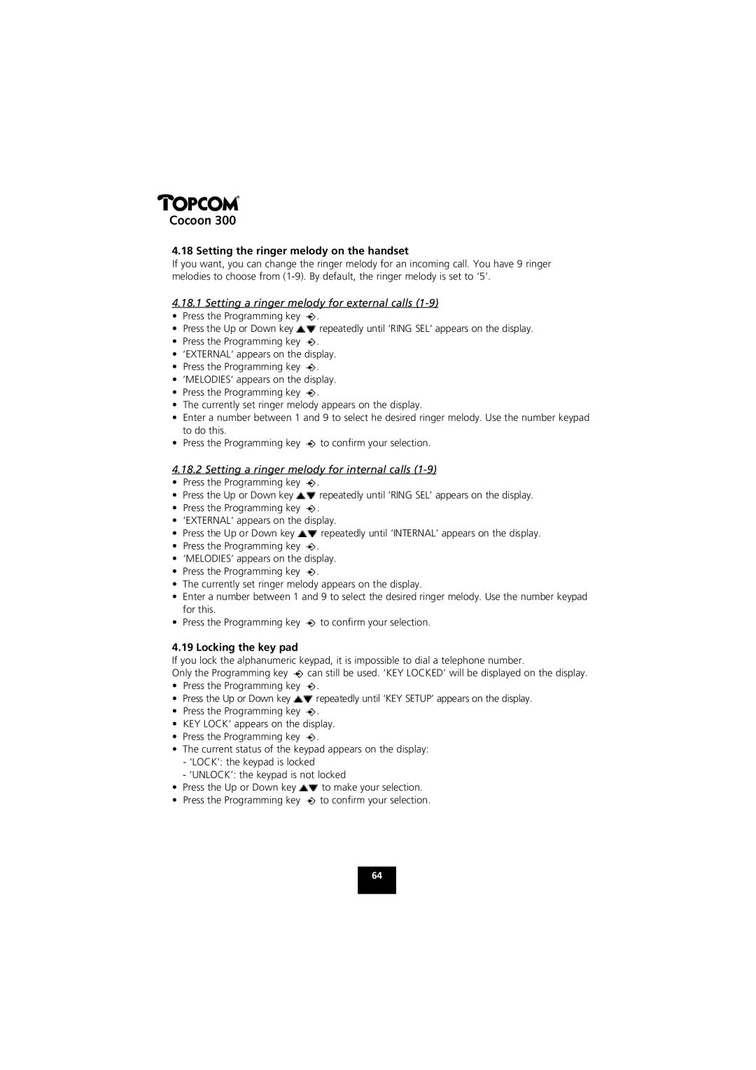 Topcom COCOON 300 manual Setting the ringer melody on the handset, Setting a ringer melody for external calls 