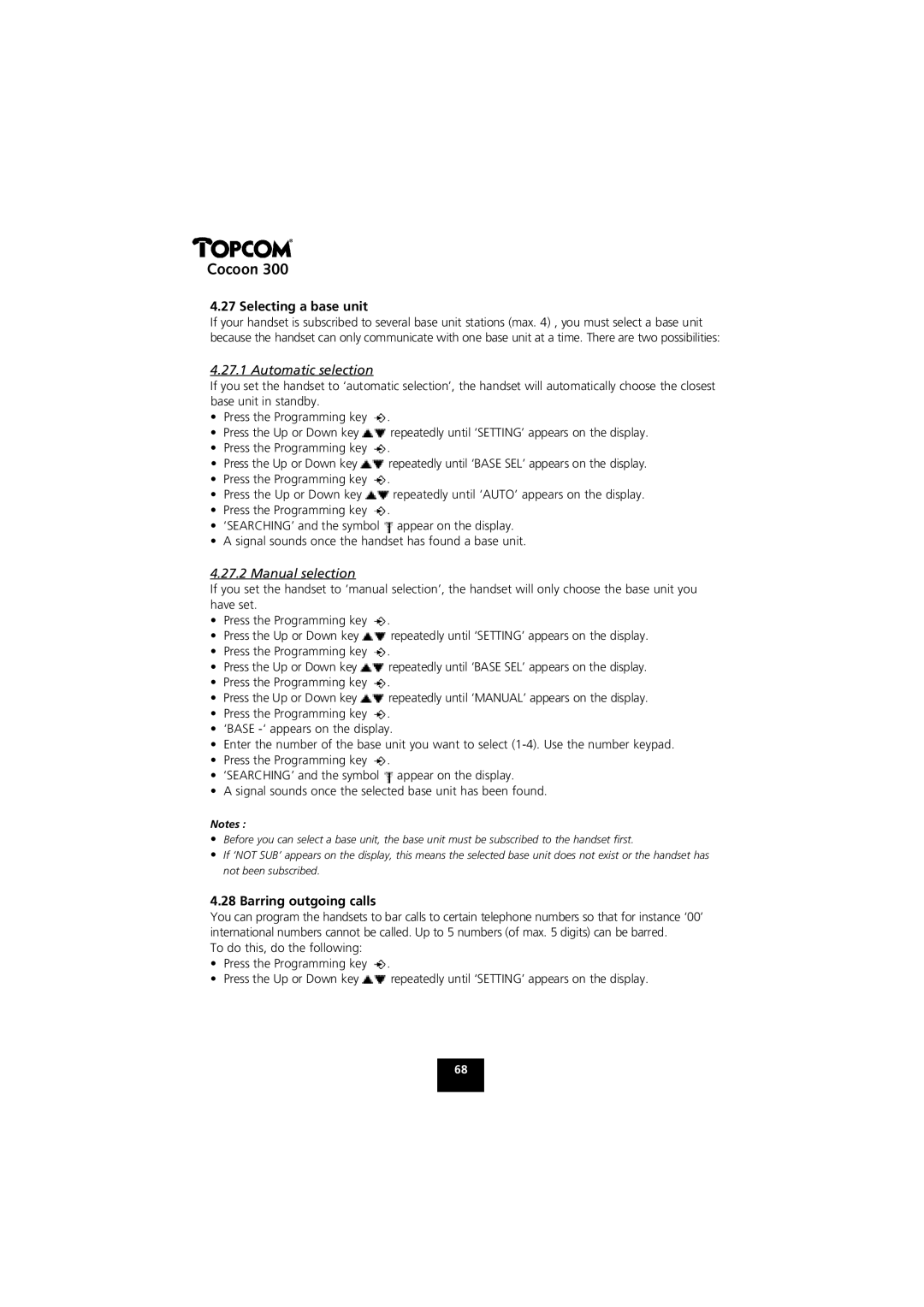 Topcom COCOON 300 manual Selecting a base unit, Automatic selection, Manual selection, Barring outgoing calls 