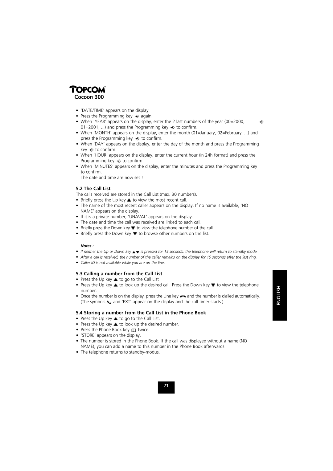 Topcom COCOON 300 manual Calling a number from the Call List, Storing a number from the Call List in the Phone Book 