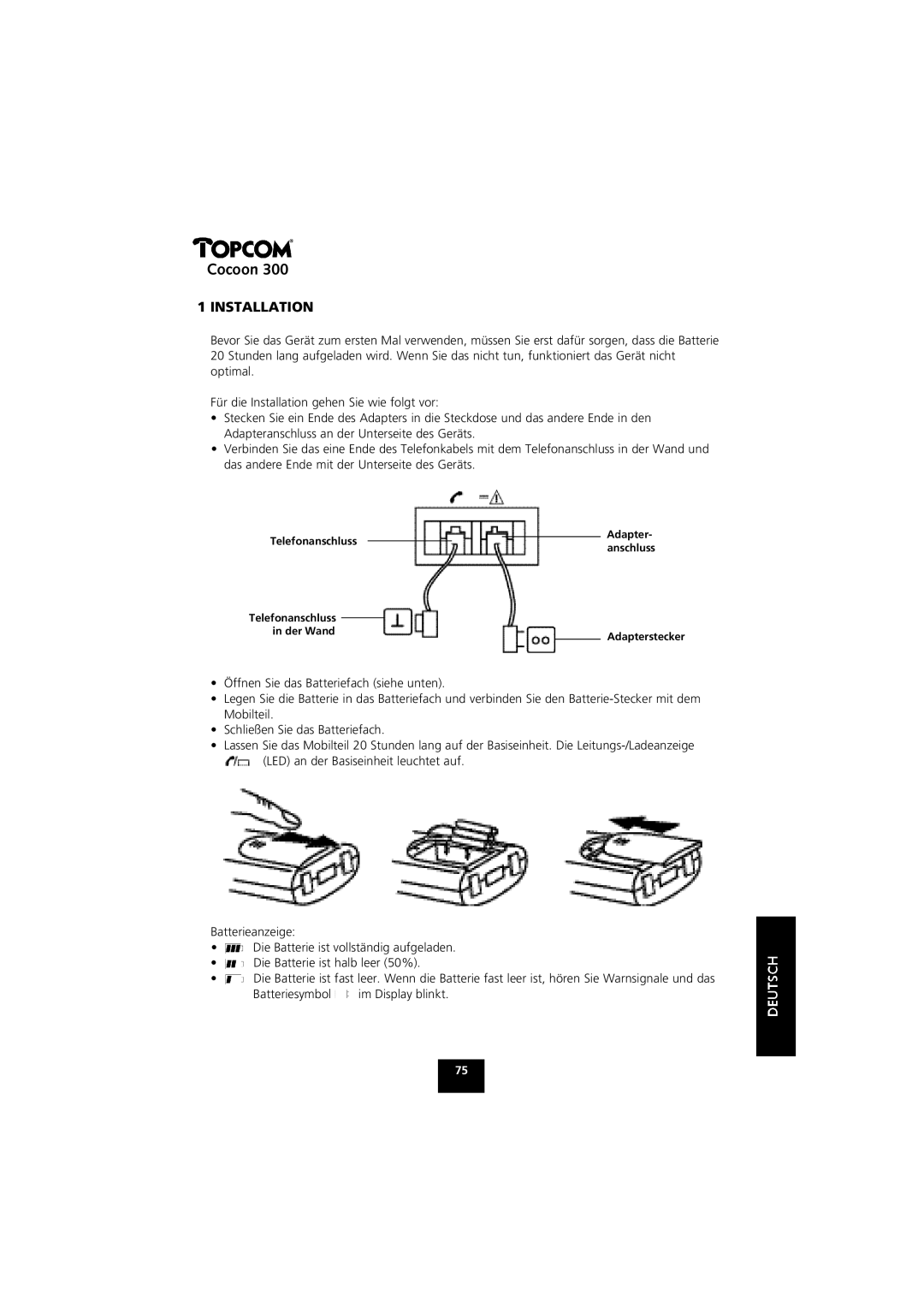 Topcom COCOON 300 manual Adapter Telefonanschluss Anschluss Der Wand Adapterstecker 