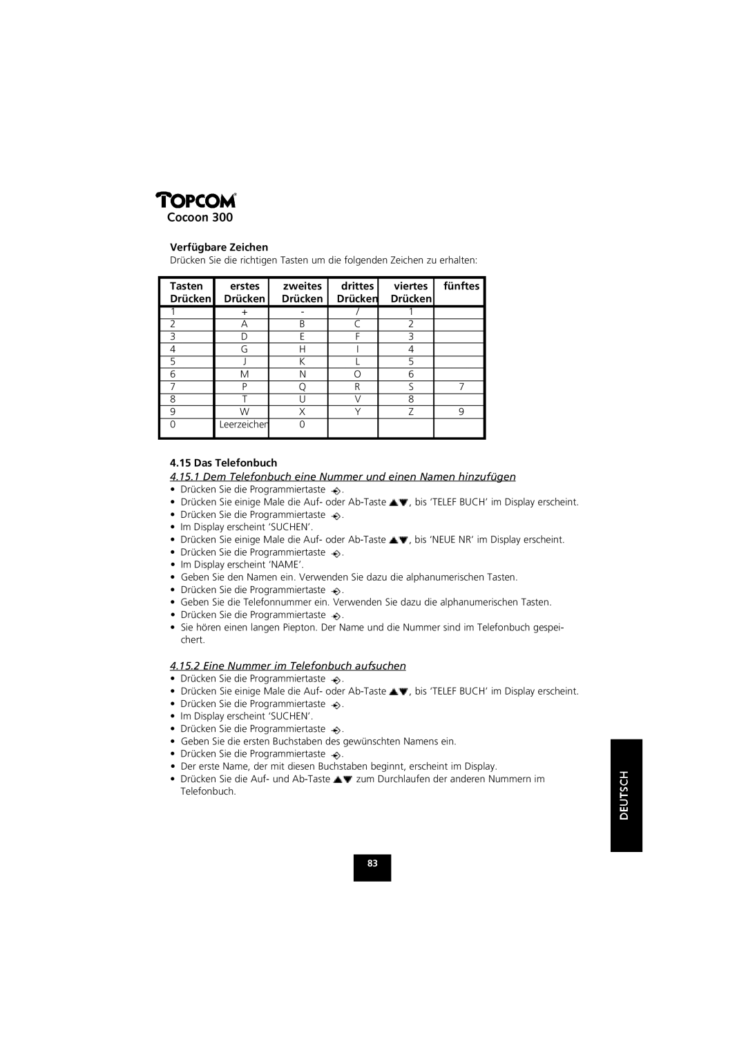 Topcom COCOON 300 manual Verfügbare Zeichen, Tasten Erstes Zweites Drittes Viertes Fünftes Drücken, Das Telefonbuch 