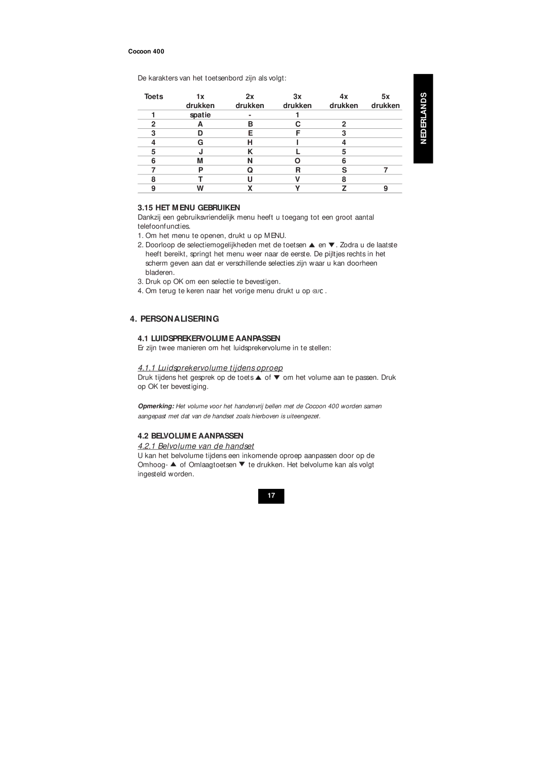 Topcom COCOON 400 Personalisering, HET Menu Gebruiken, Luidsprekervolume Aanpassen, Luidsprekervolume tijdens oproep 