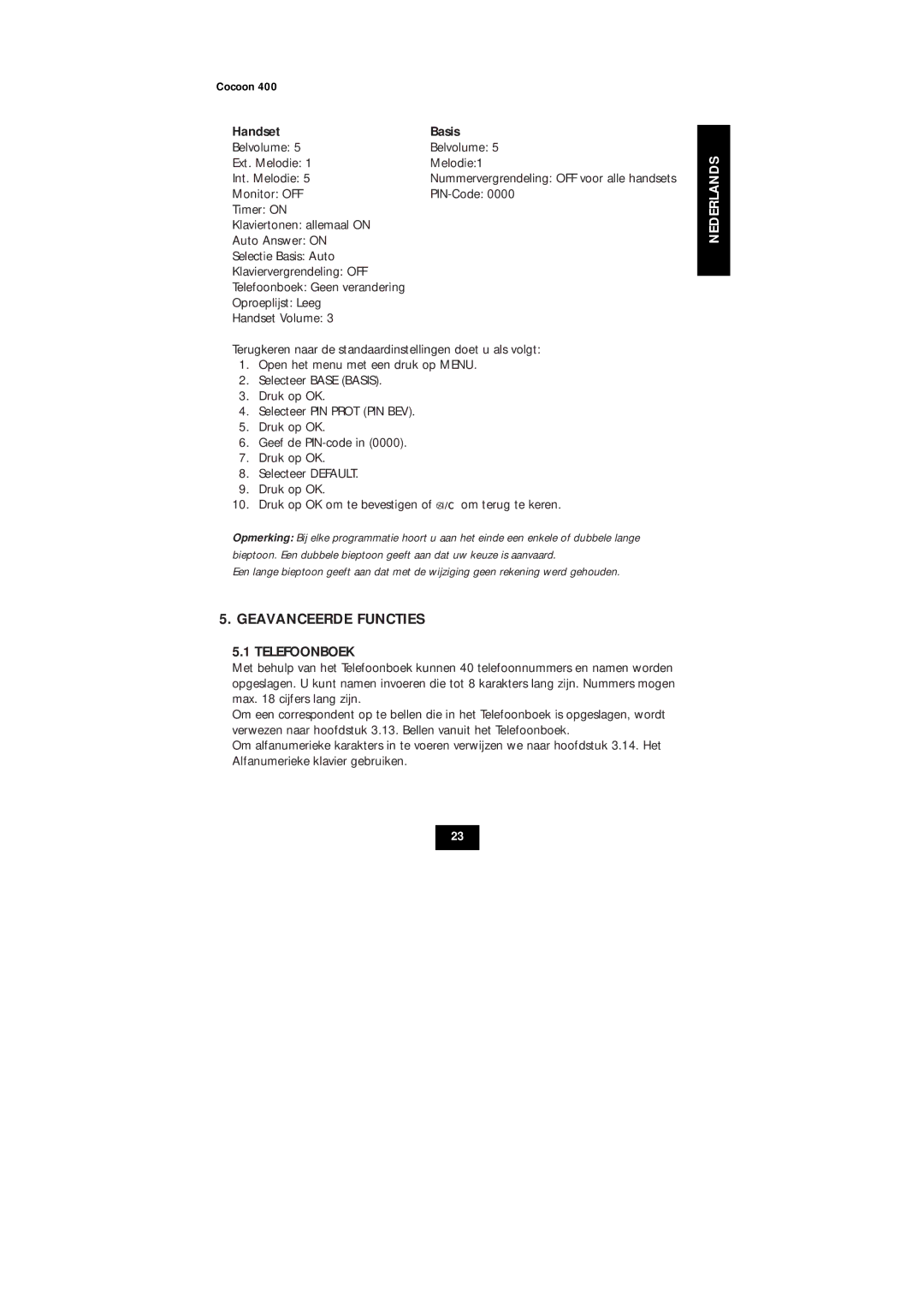 Topcom COCOON 400 user manual Geavanceerde Functies, Handset Basis, Telefoonboek 