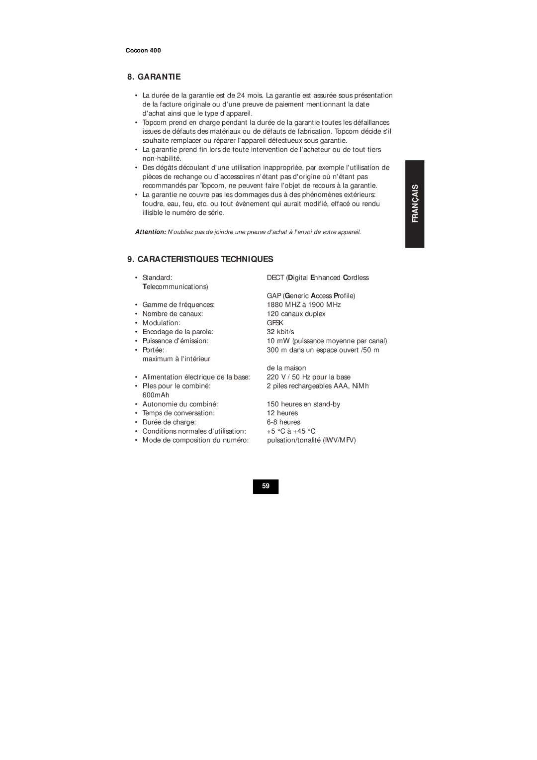 Topcom COCOON 400 user manual Garantie, Caracteristiques Techniques 