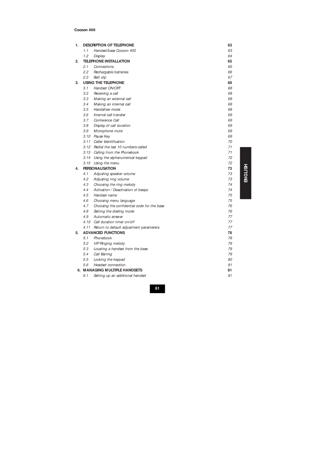 Topcom COCOON 400 user manual Description of Telephone 