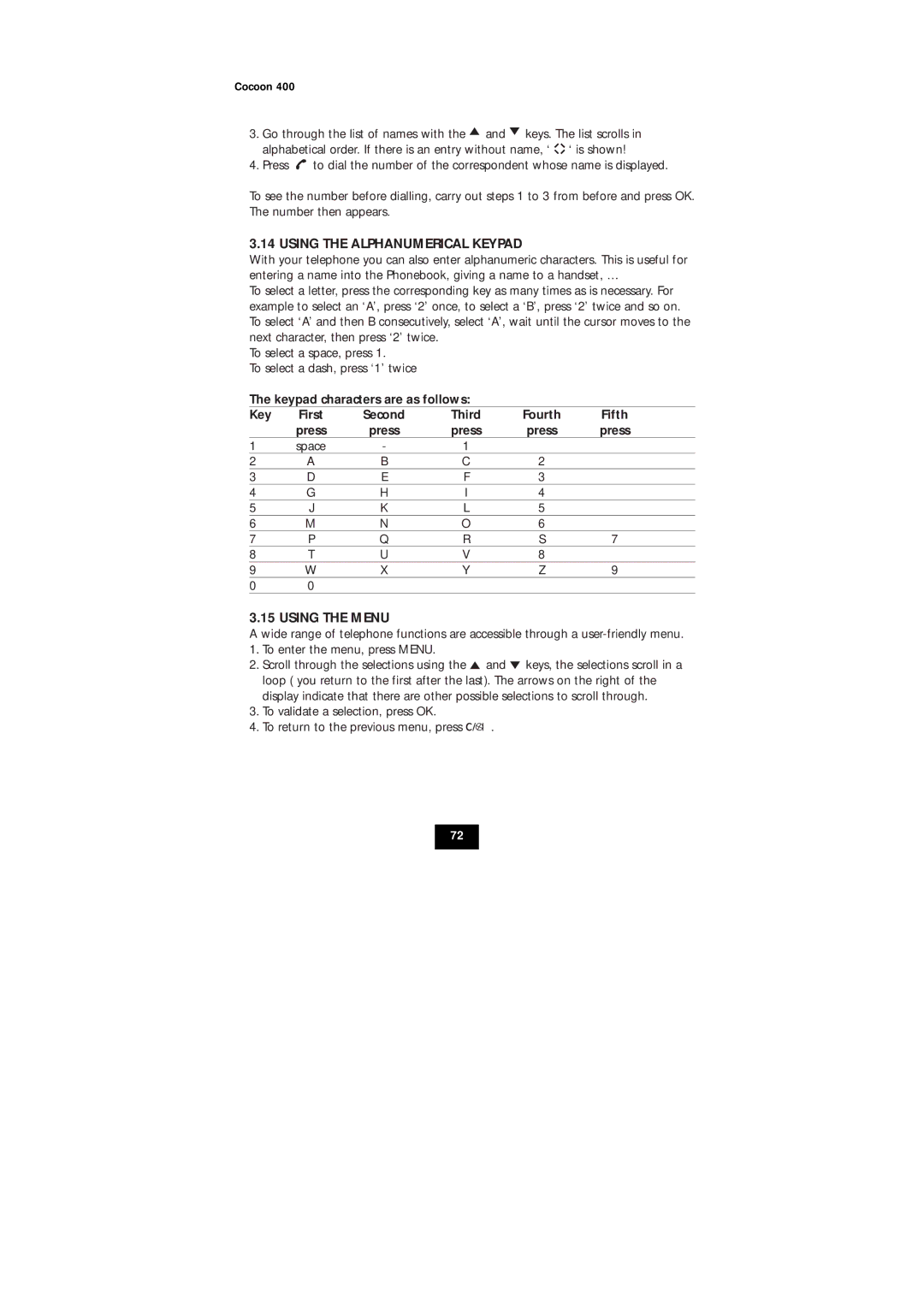 Topcom COCOON 400 user manual Using the Alphanumerical Keypad, Keypad characters are as follows, Fifth, Using the Menu 