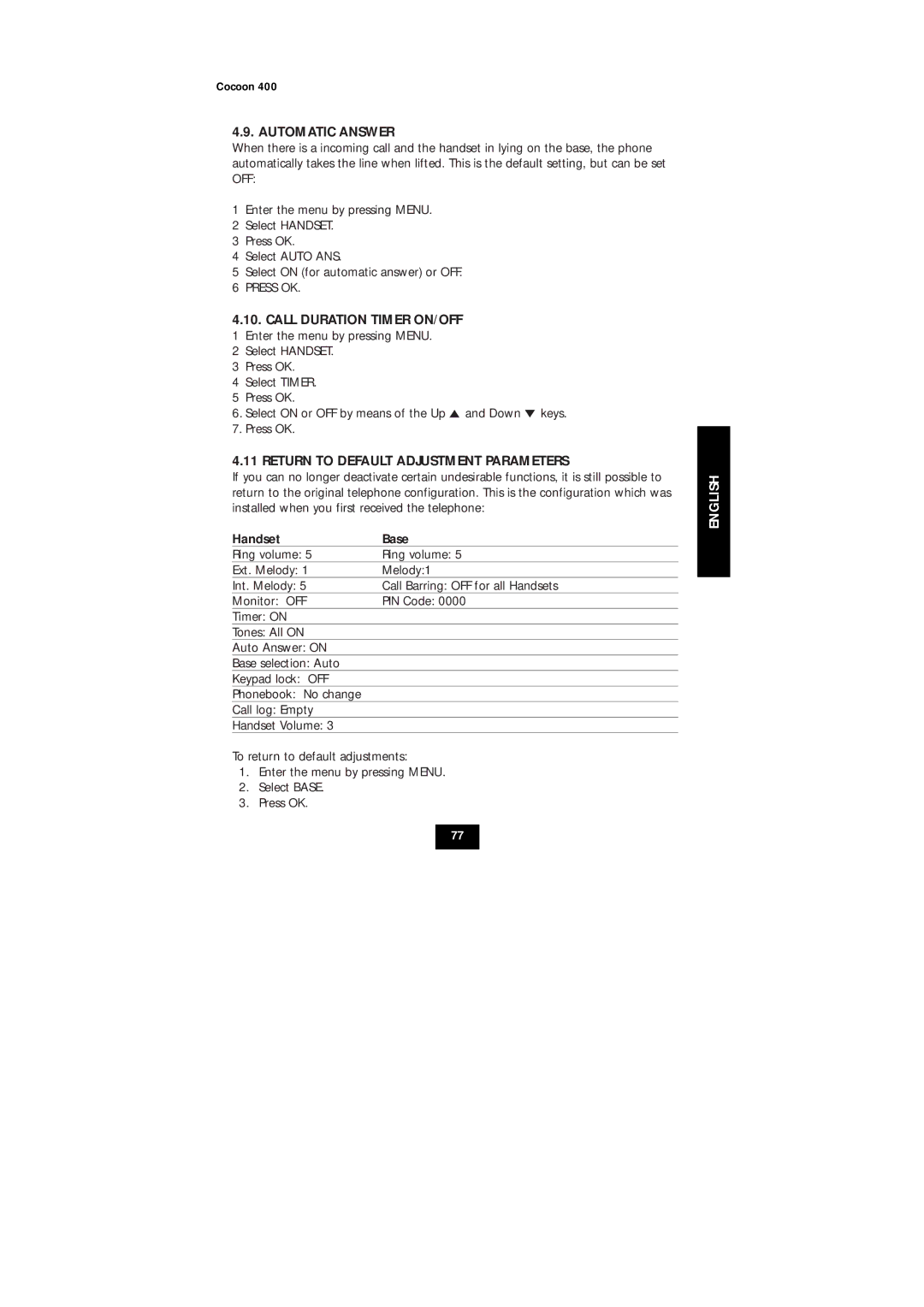 Topcom COCOON 400 user manual Automatic Answer, Return to Default Adjustment Parameters, Handset Base 