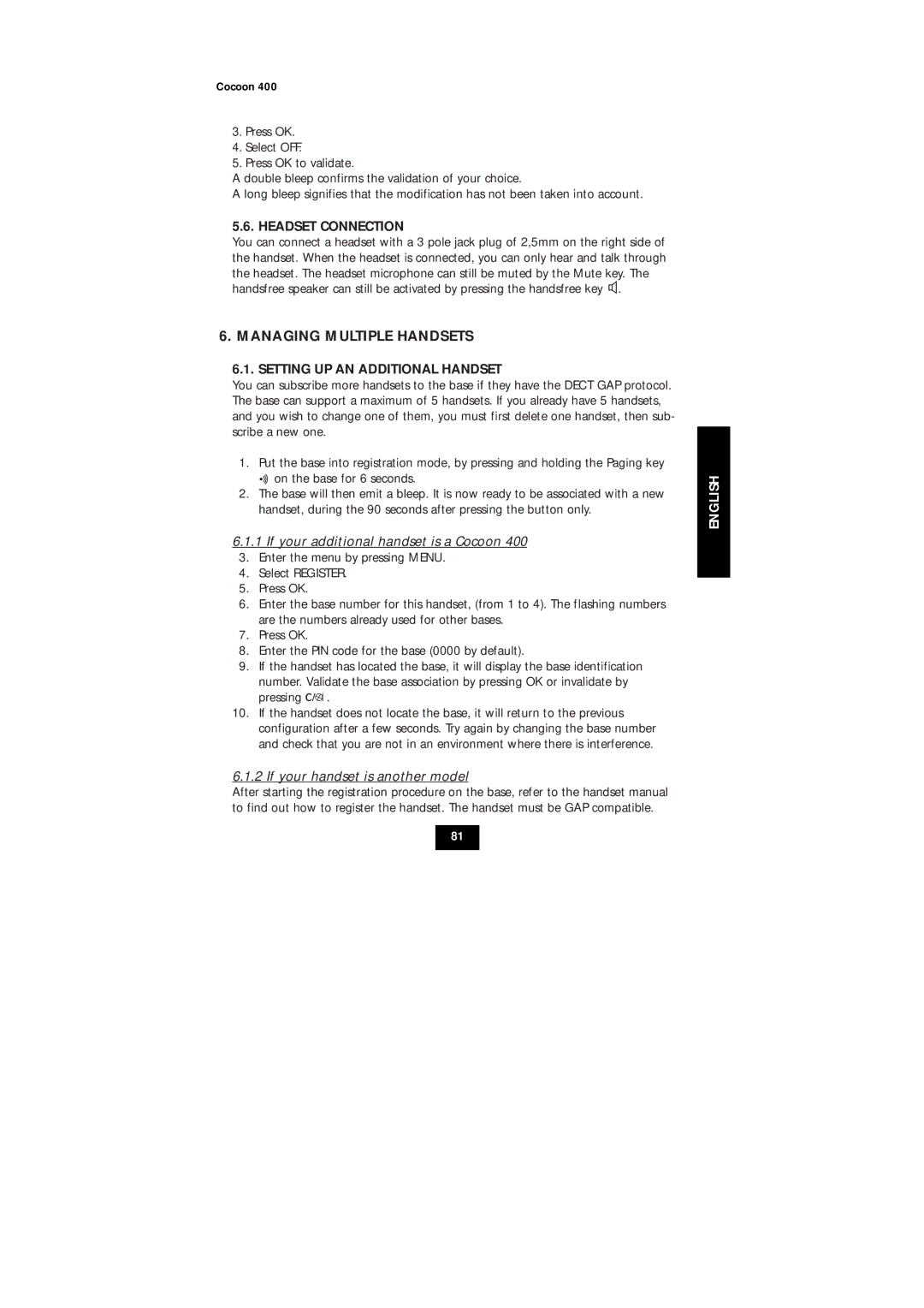 Topcom COCOON 400 user manual Managing Multiple Handsets, Headset Connection, Setting UP AN Additional Handset 