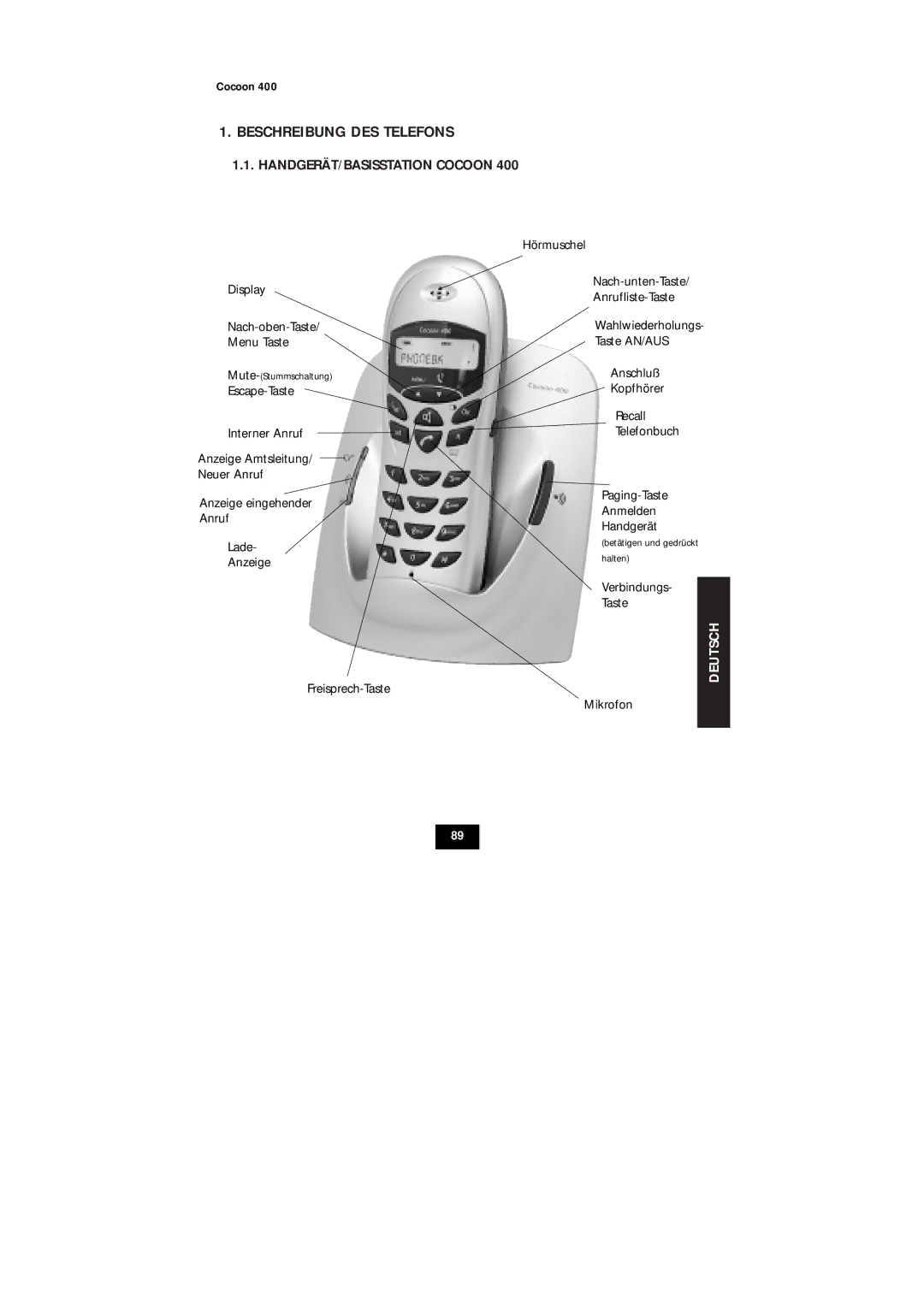 Topcom COCOON 400 user manual Beschreibung DES Telefons, HANDGERÄT/BASISSTATION Cocoon 