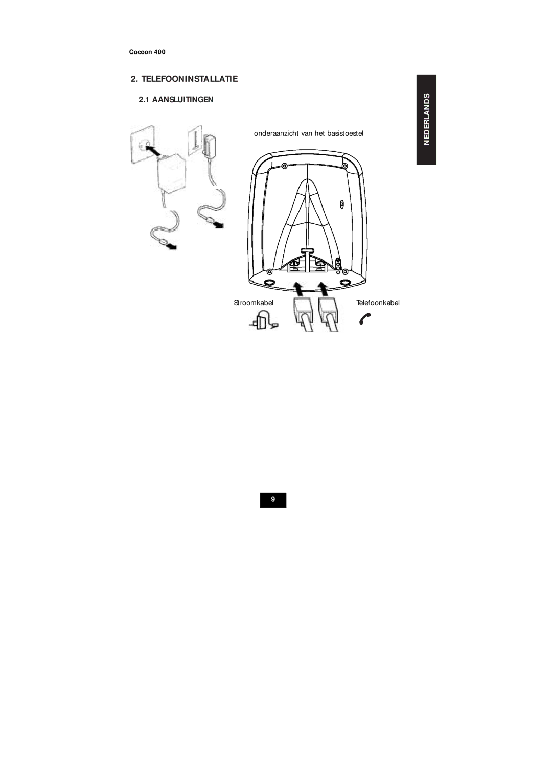 Topcom COCOON 400 user manual Telefooninstallatie, Aansluitingen 