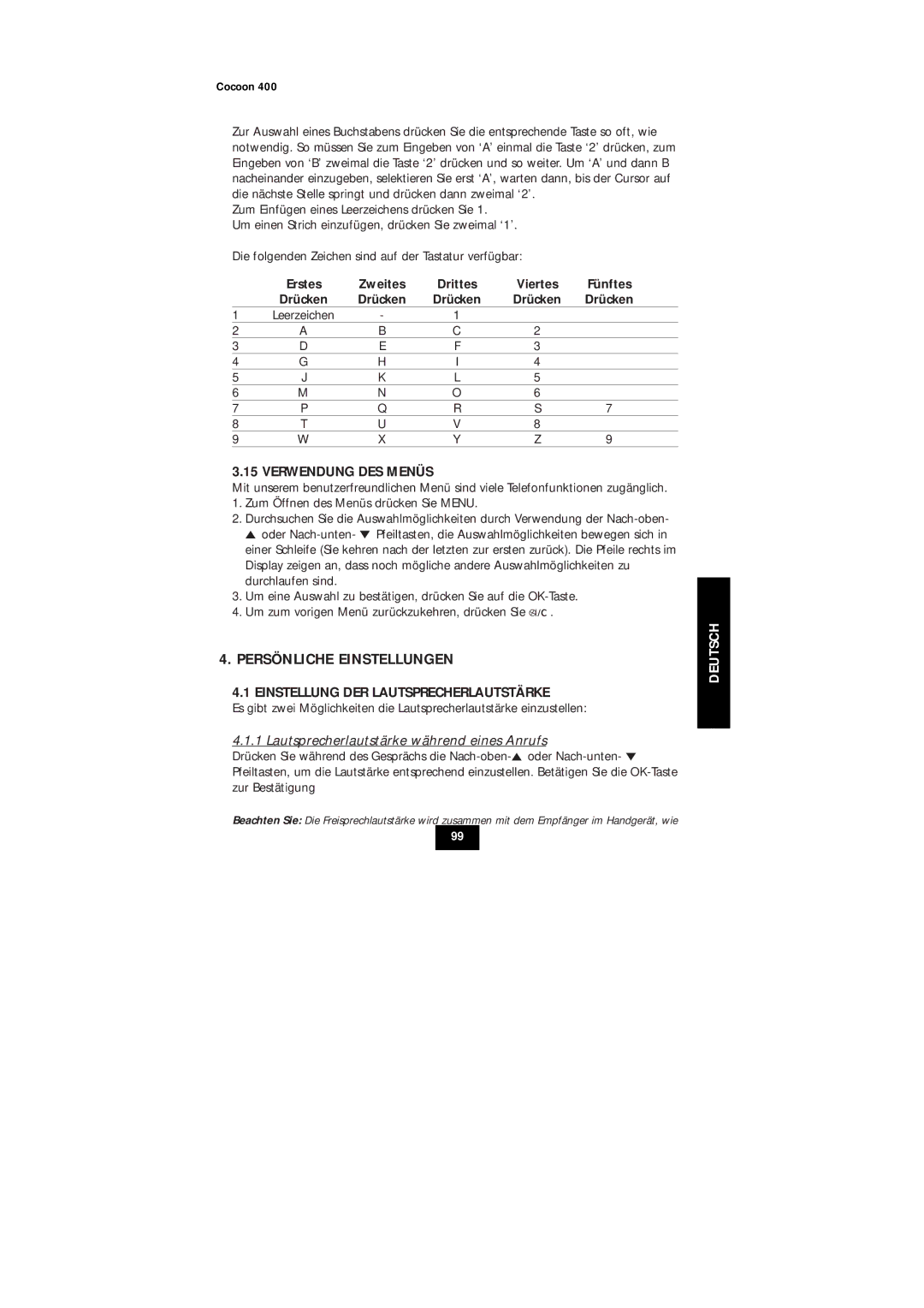 Topcom COCOON 400 user manual Persönliche Einstellungen, Verwendung DES Menüs, Einstellung DER Lautsprecherlautstärke 