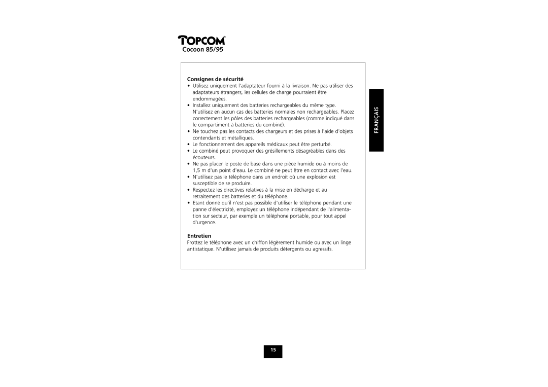 Topcom COCOON 85 manual Consignes de sécurité, Entretien 