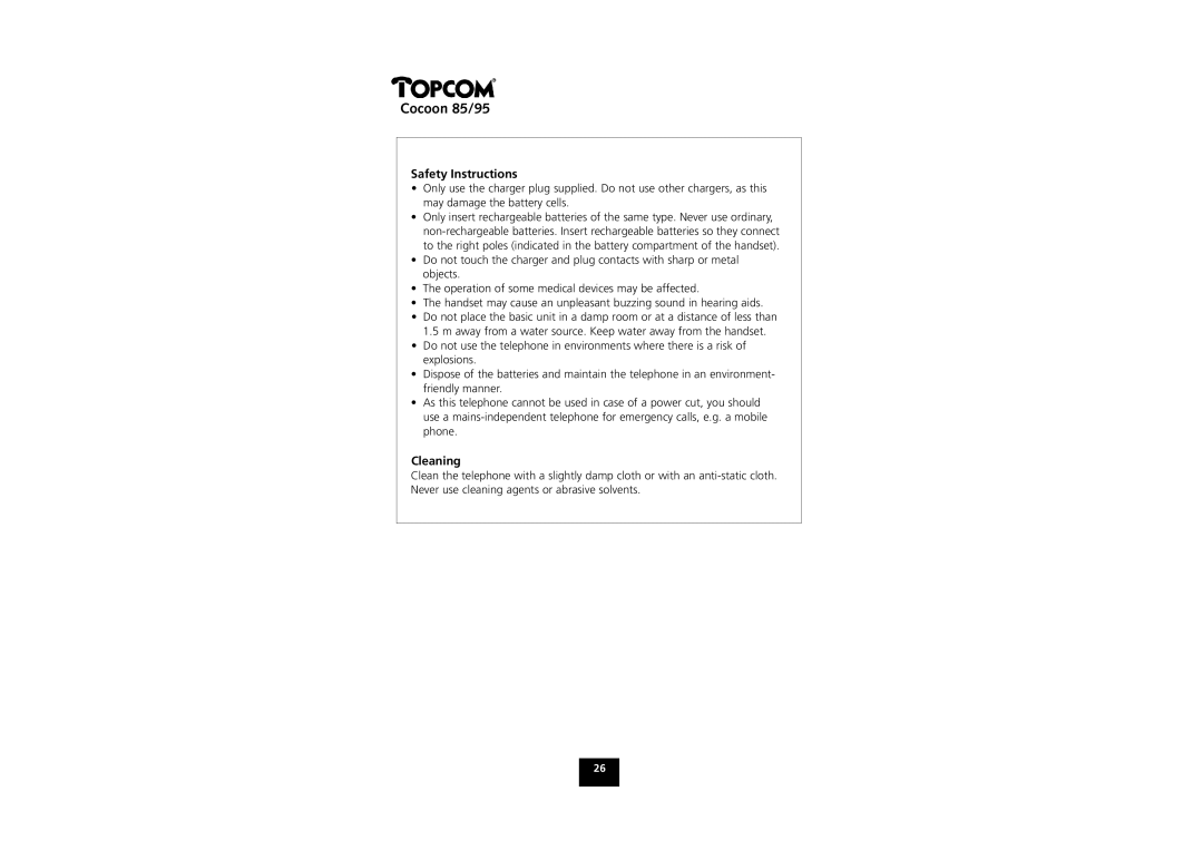 Topcom COCOON 85 manual Safety Instructions, Cleaning 