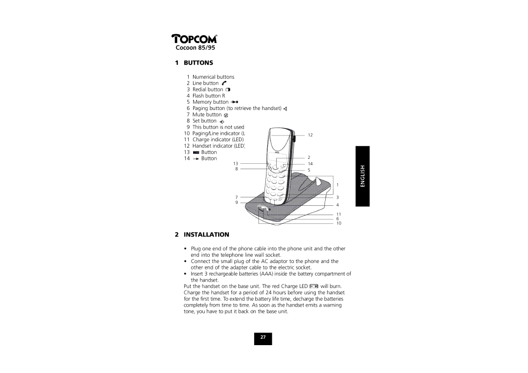 Topcom COCOON 85 manual Buttons, Installation 