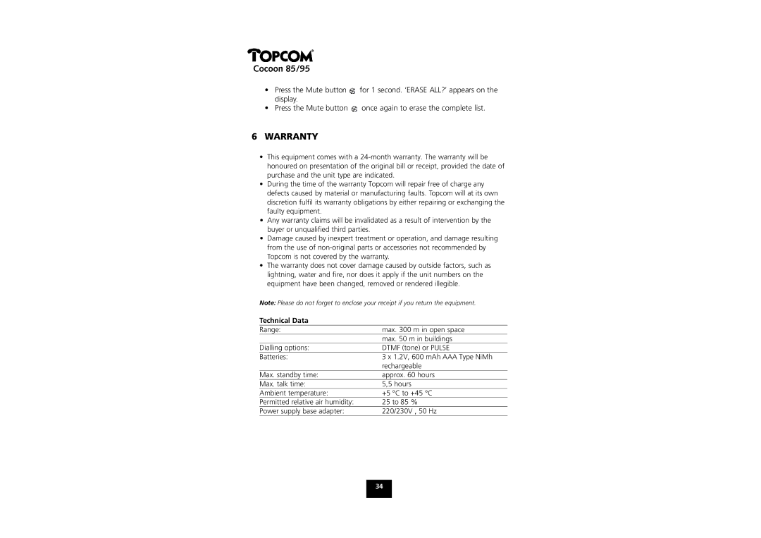 Topcom COCOON 85 manual Warranty, Technical Data 