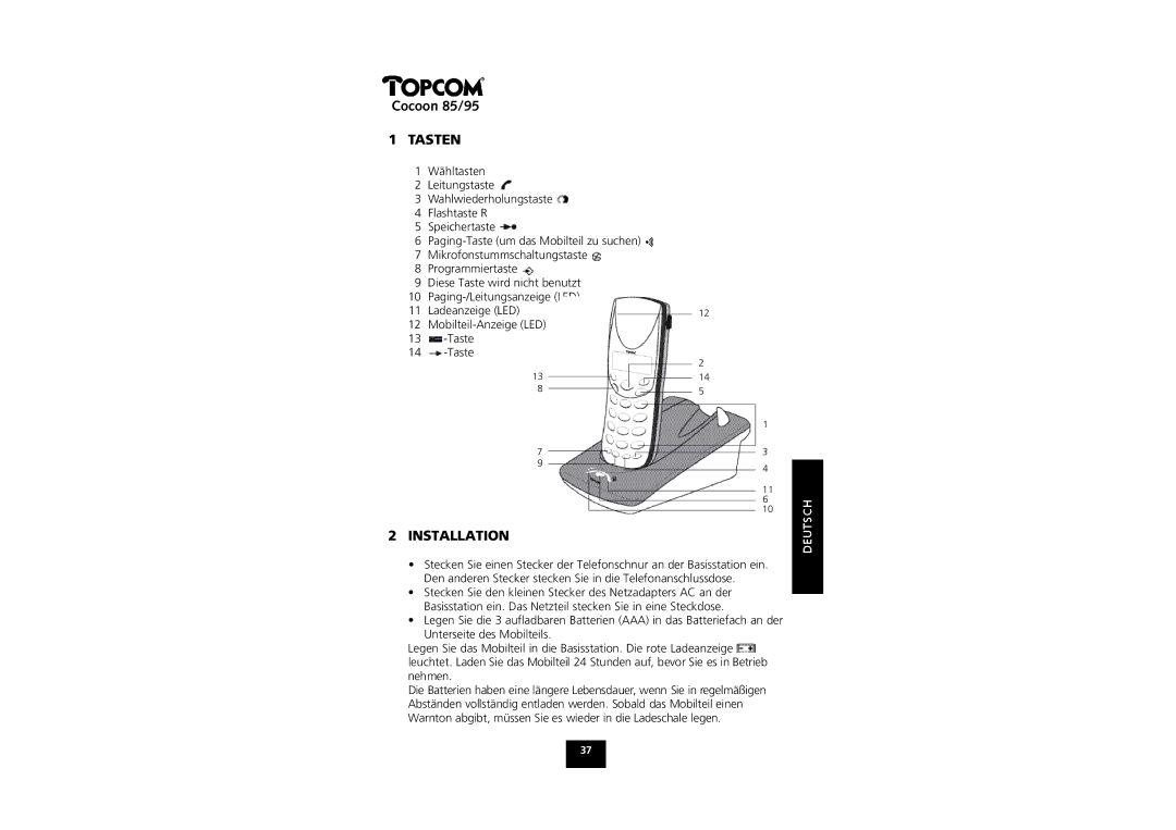 Topcom COCOON 85 manual Tasten, Installation 