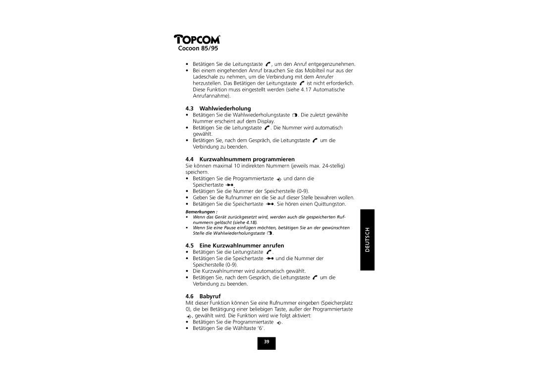 Topcom COCOON 85 manual Wahlwiederholung, Kurzwahlnummern programmieren, Eine Kurzwahlnummer anrufen, Babyruf 