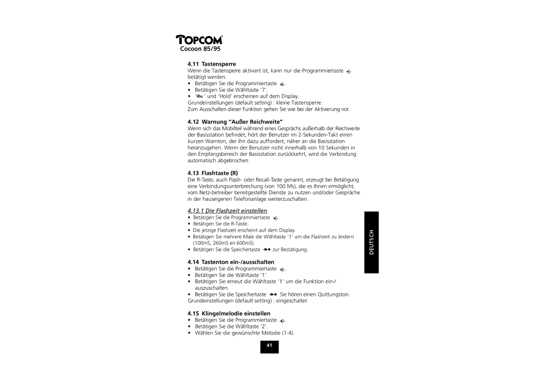 Topcom COCOON 85 manual Tastensperre, Warnung Außer Reichweite, Flashtaste R, Tastenton ein-/ausschalten 