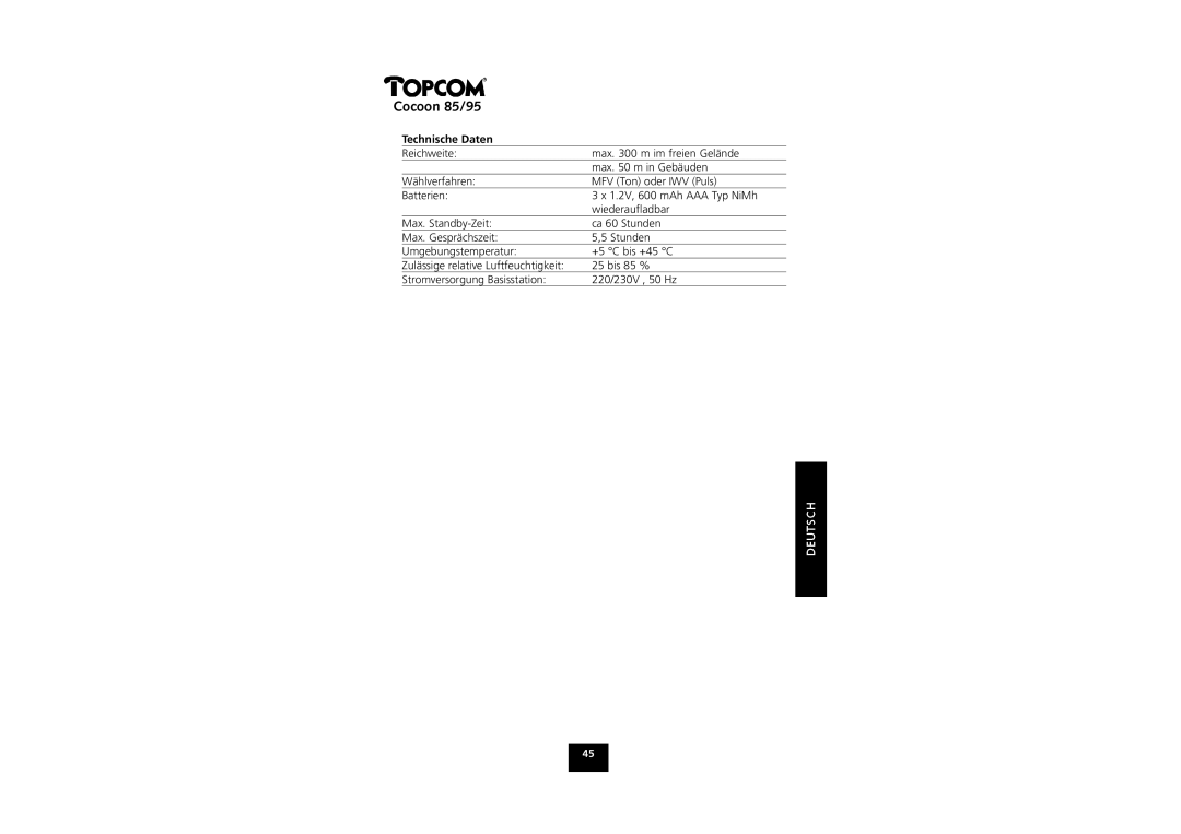 Topcom COCOON 85 manual Technische Daten 