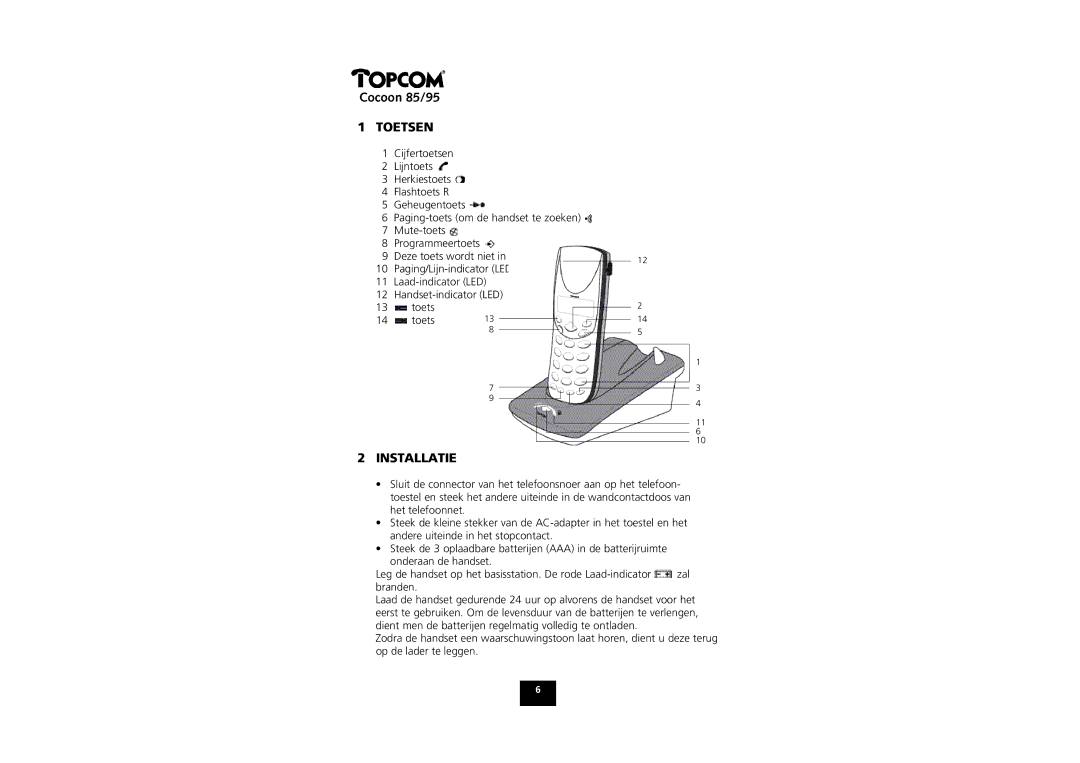 Topcom COCOON 85 manual Toetsen, Installatie 