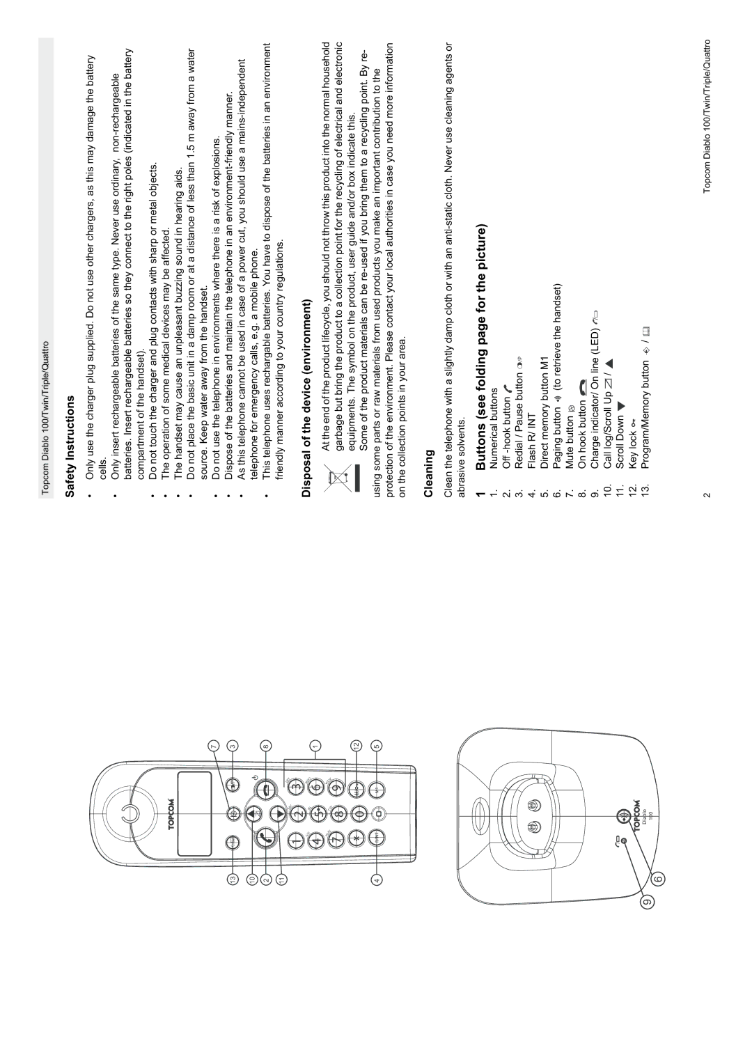 Topcom DIABLO 103 manual Buttons see folding page for the picture 