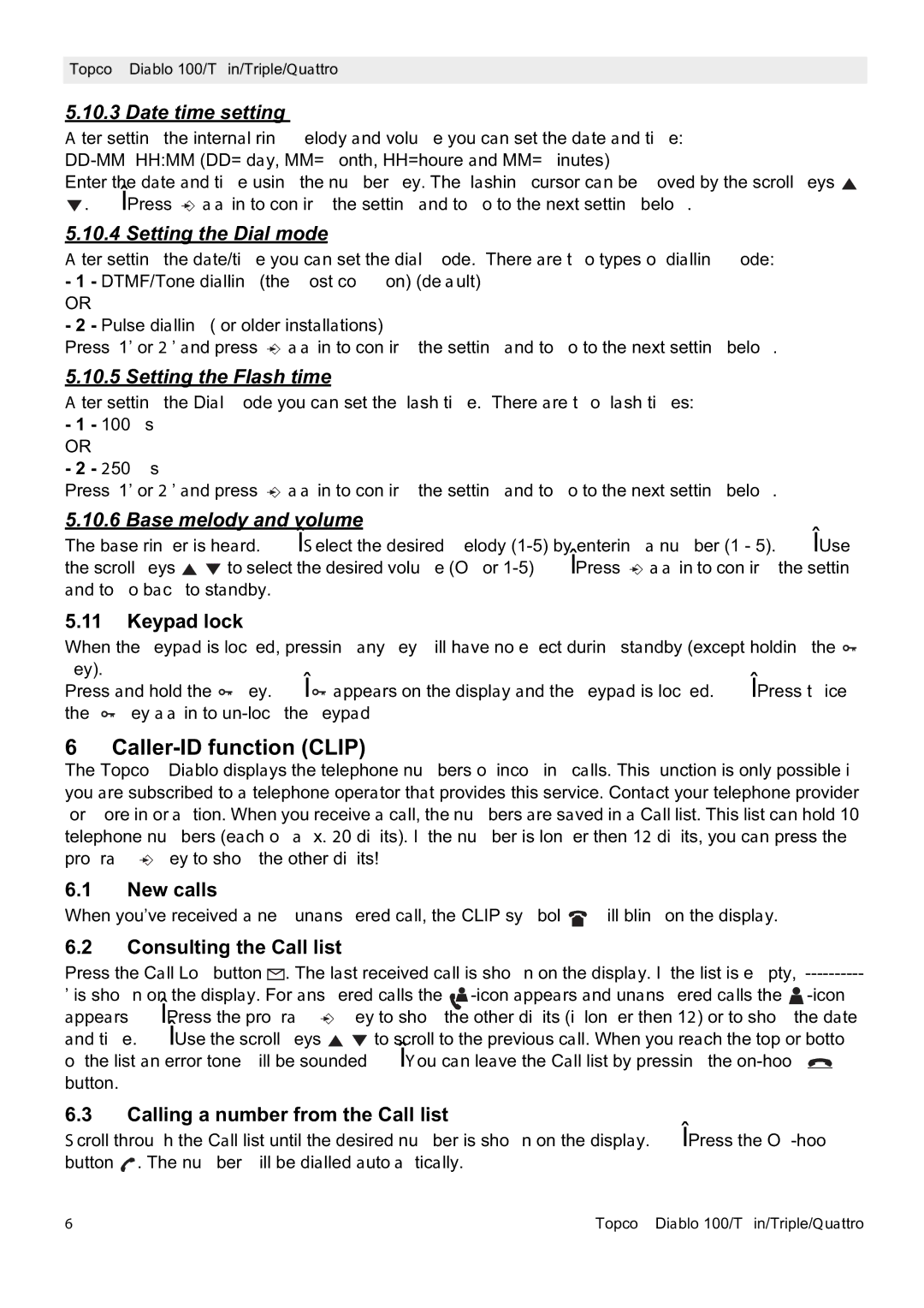 Topcom DIABLO 103 manual Caller-ID function Clip, Date time setting, Setting the Dial mode, Setting the Flash time 